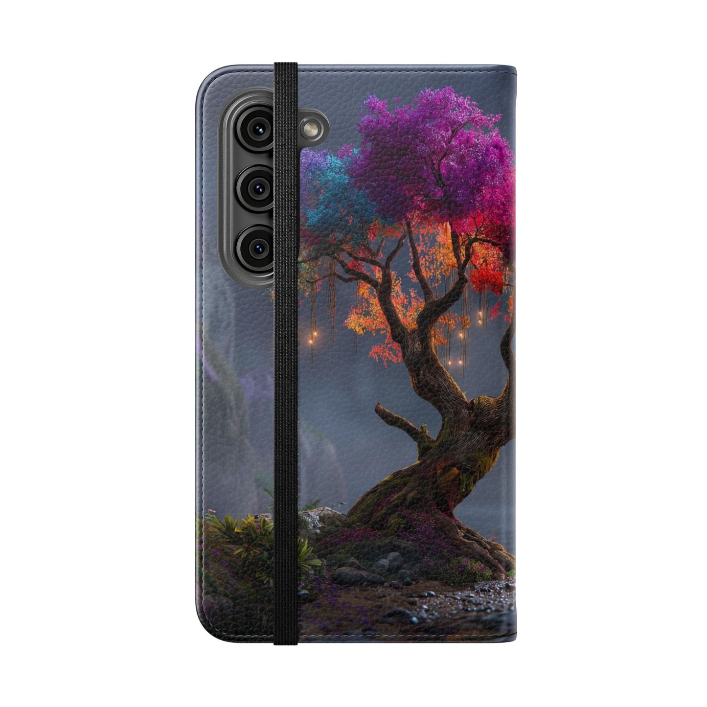 Chromatic Canopy Flip Cases – Rainbow Tree Moonlit Waterfall Scene