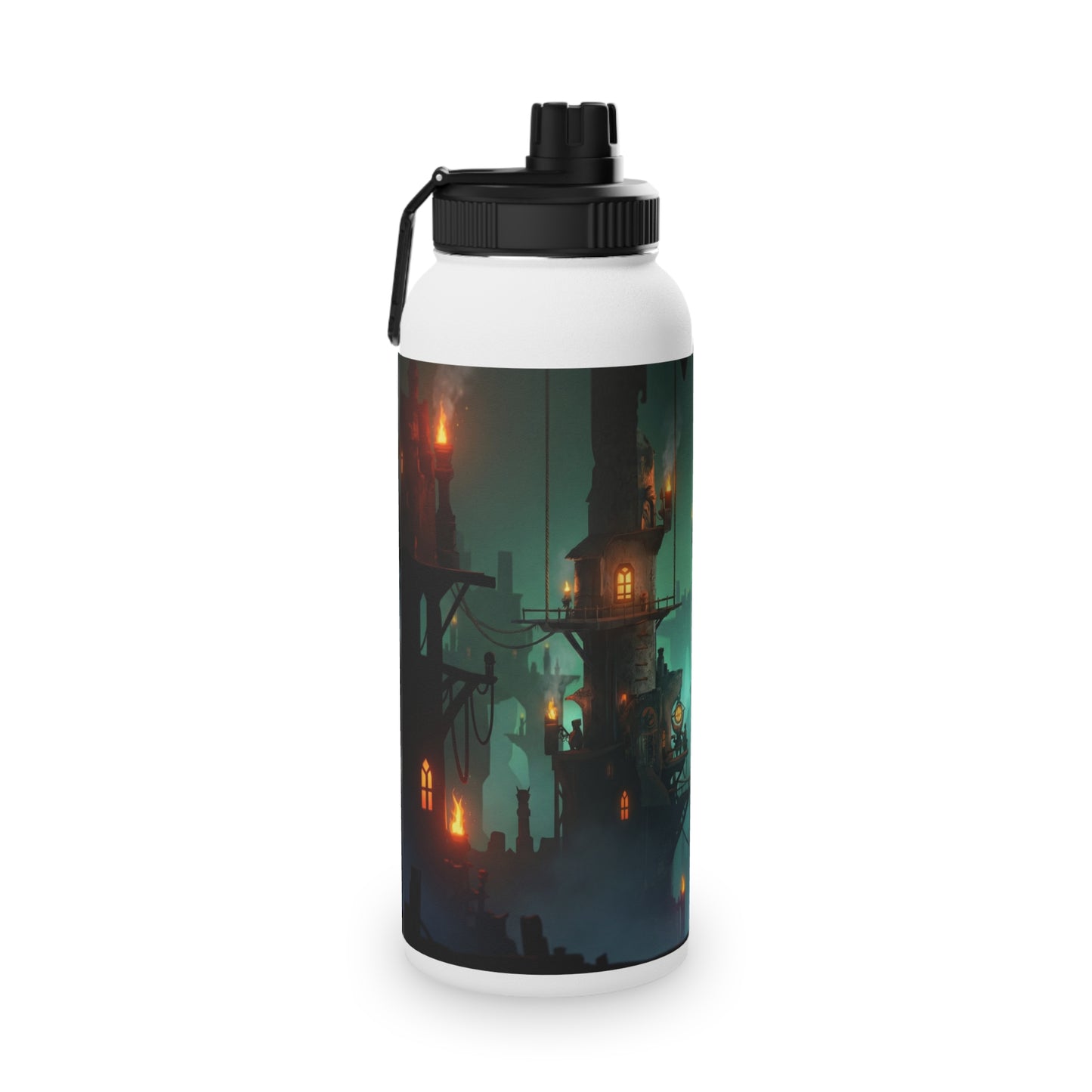 Floating City at Dusk Stainless Steel Water Bottle, Sports Lid – Amber Lights in the Mist
