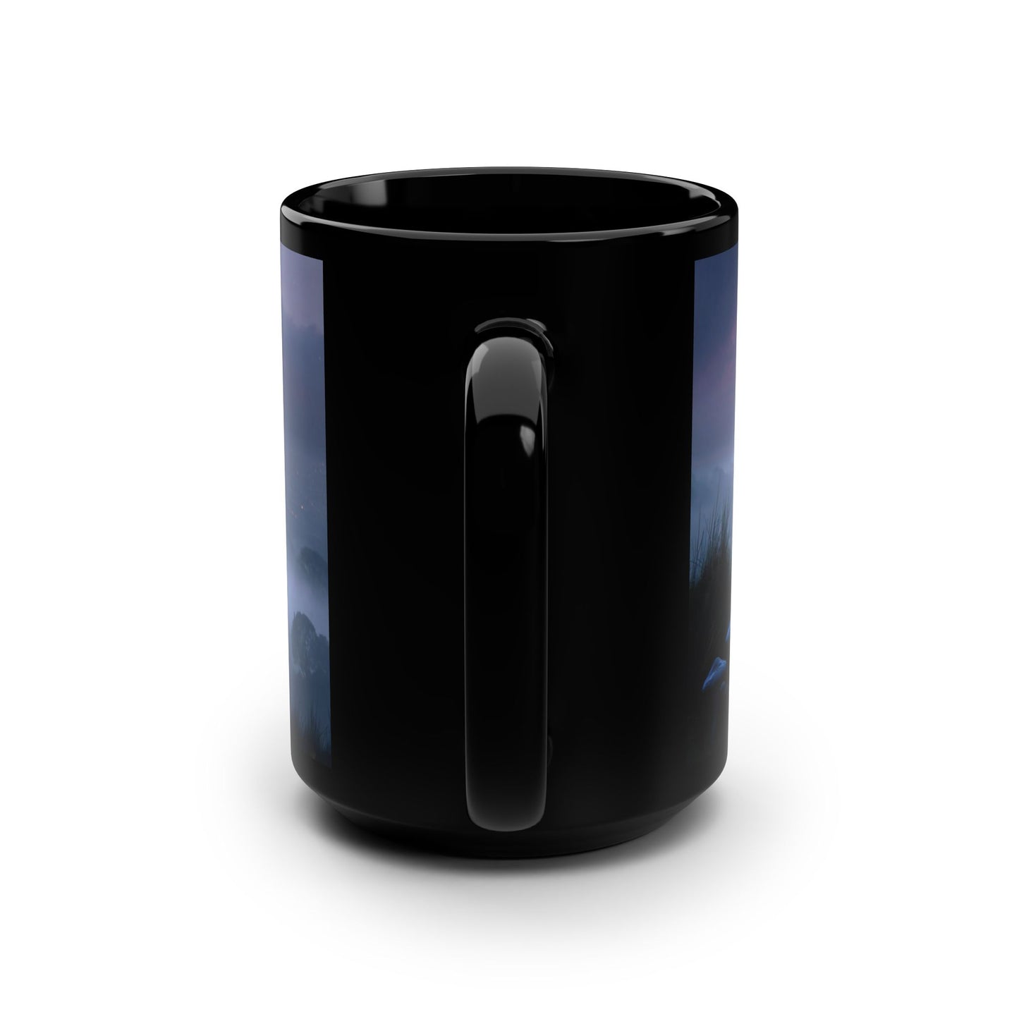 Red-Haired Wanderer Black Mug, 15oz – Twilight Hilltop Moonlit Escape