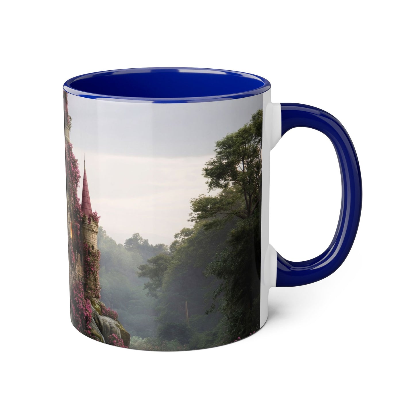 Rose-Covered Tower Accent Mugs, 11oz – Pink Bloomed Gothic Ruin