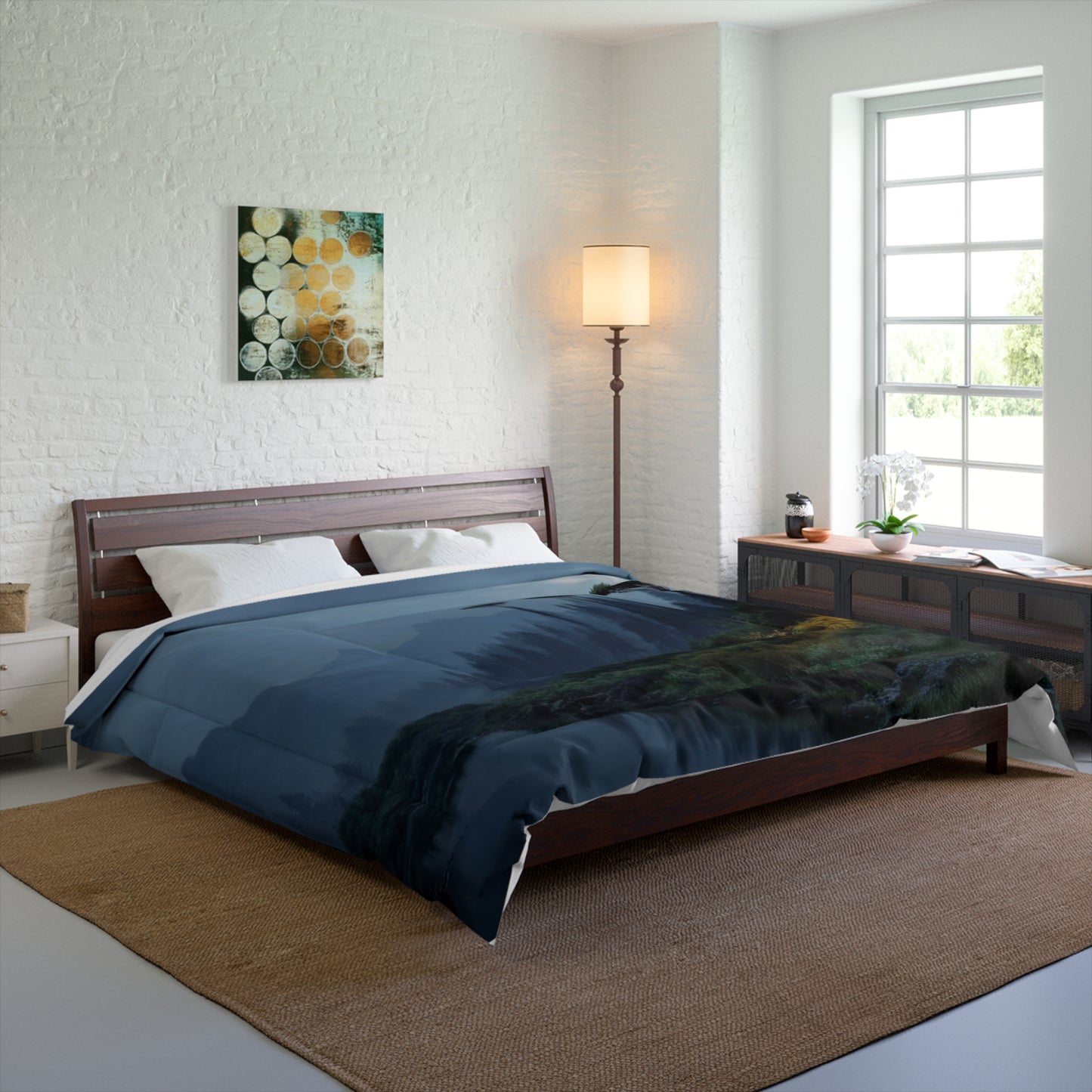 Moonlit Mountain Cabin Comforter – Warm Hearth Glow Amidst Whispering Peaks