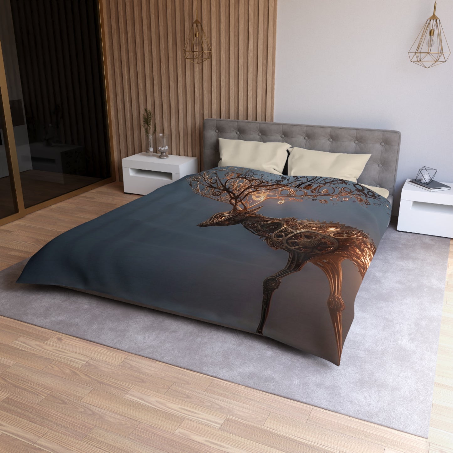 Clockwork Stag Microfiber Duvet Cover – Luminescent Forest Guardian
