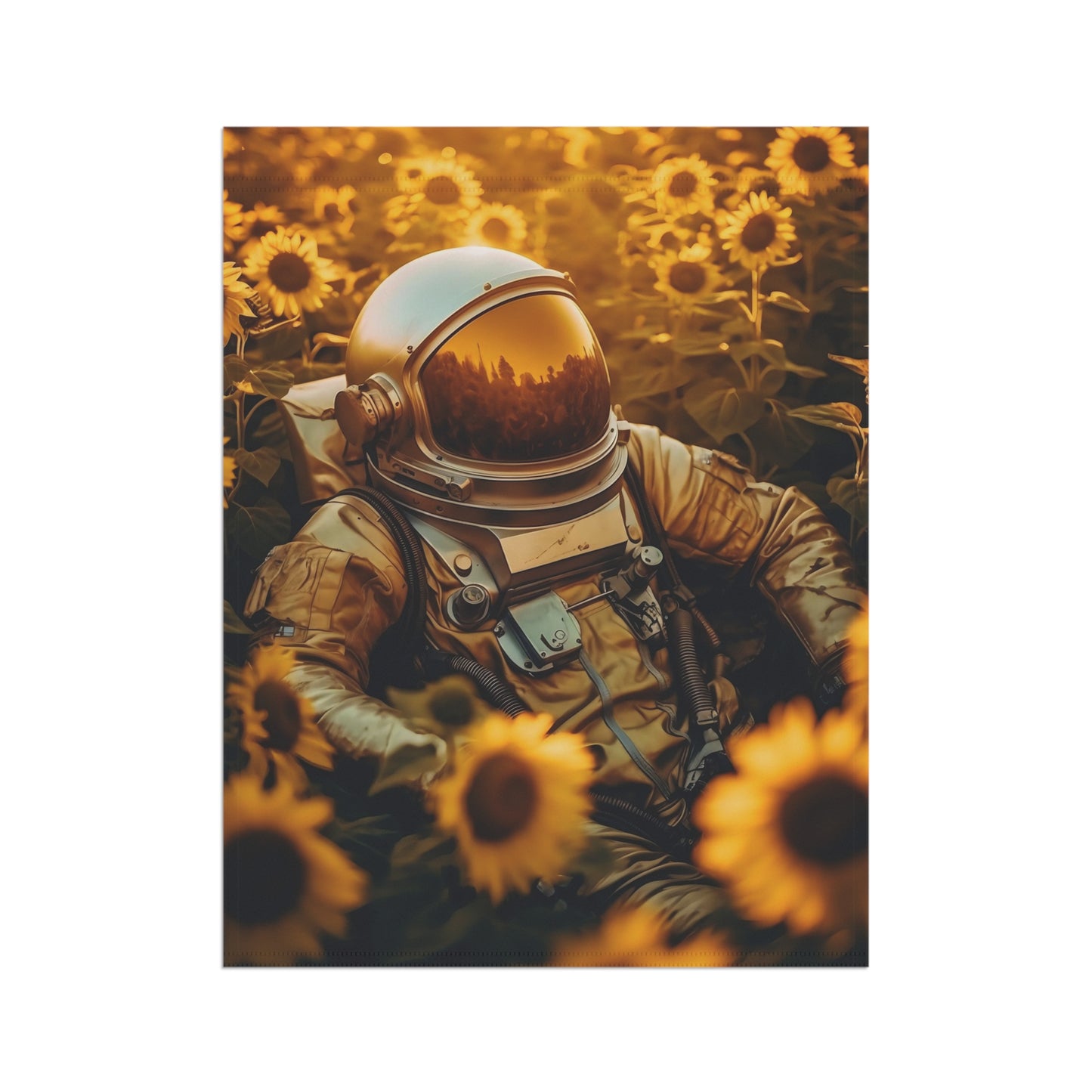 high texture quality photo of biomechanical astronaut lying in a meadow of sunflowers, golden hour, Leica 50mm, f1. 4, night - Garden & House Banner