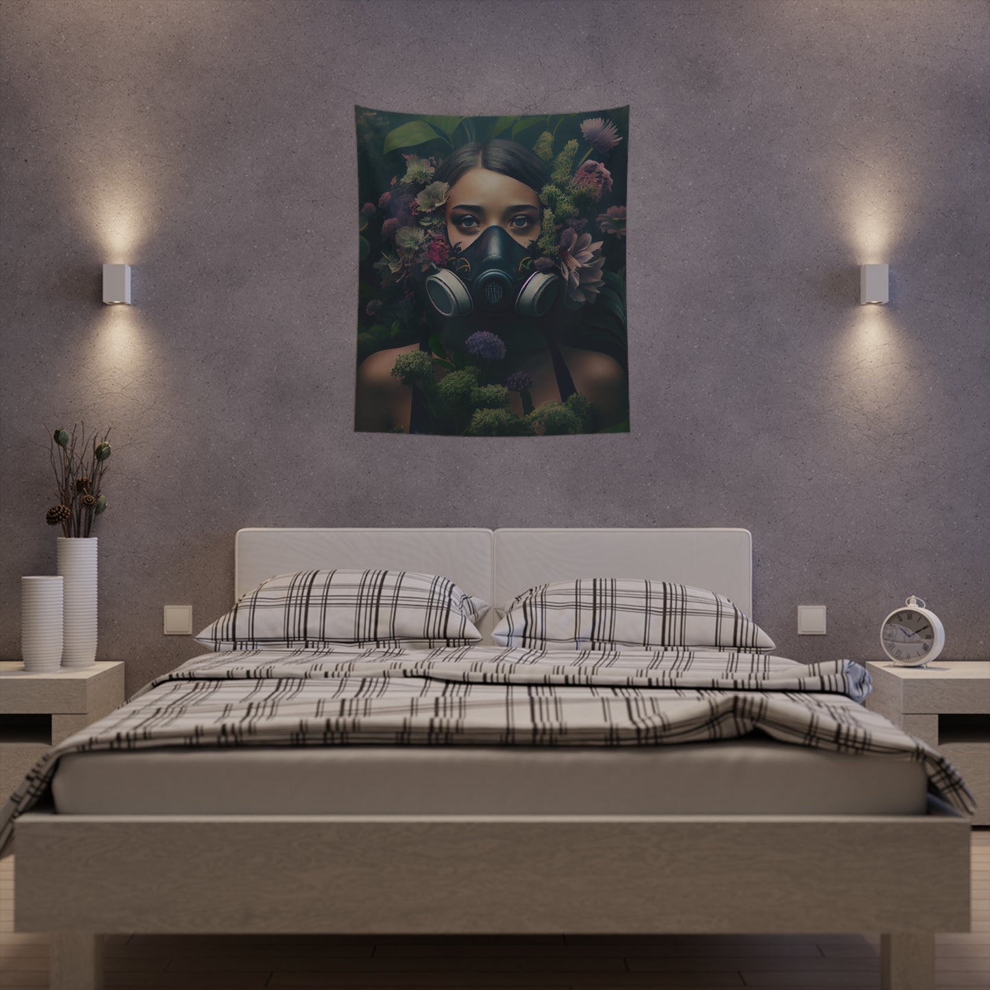 a beautiful woman wearing a gas mask filled with plants and flowers and moss - Printed Wall Tapestry