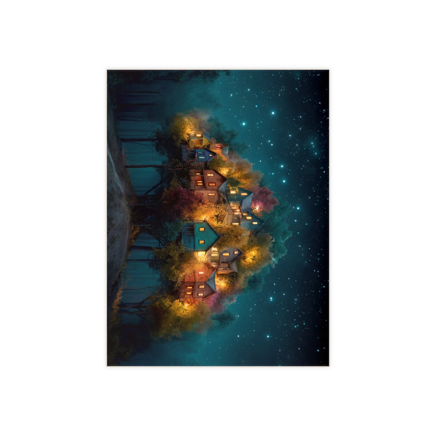 Starlit Hillside Village Ceramic Photo Tile – Warm Lights in the Twilight Woods