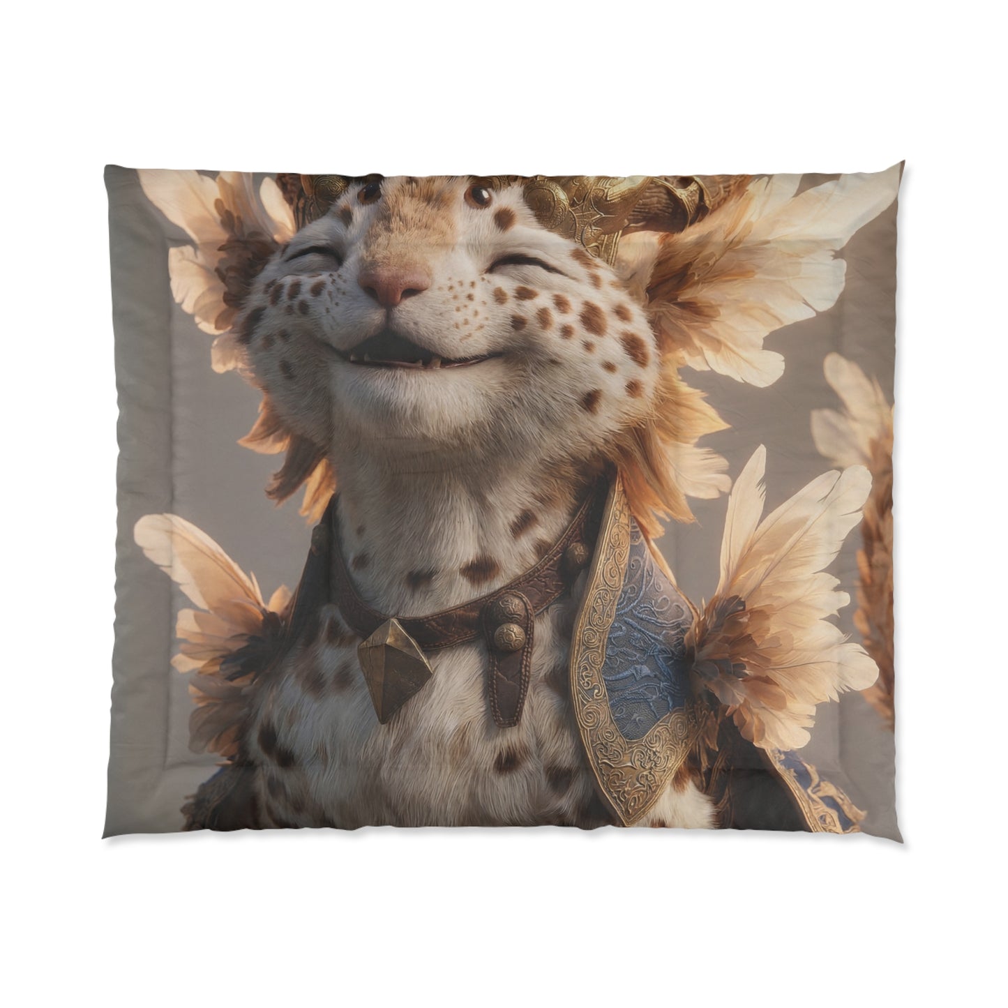 Crowned Feline Sentinel Comforter – Warm Golden Dawn Guardian