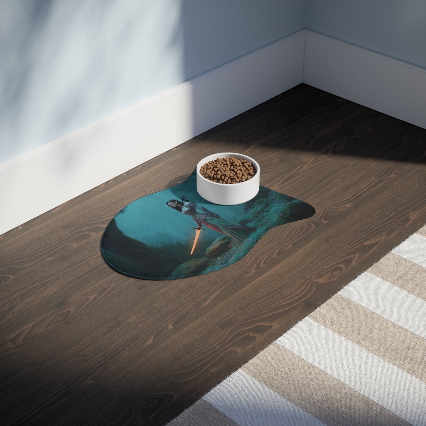 Guardian Elf Pet Feeding Mats – Mossy Forest Sentinel with Glowing Blade