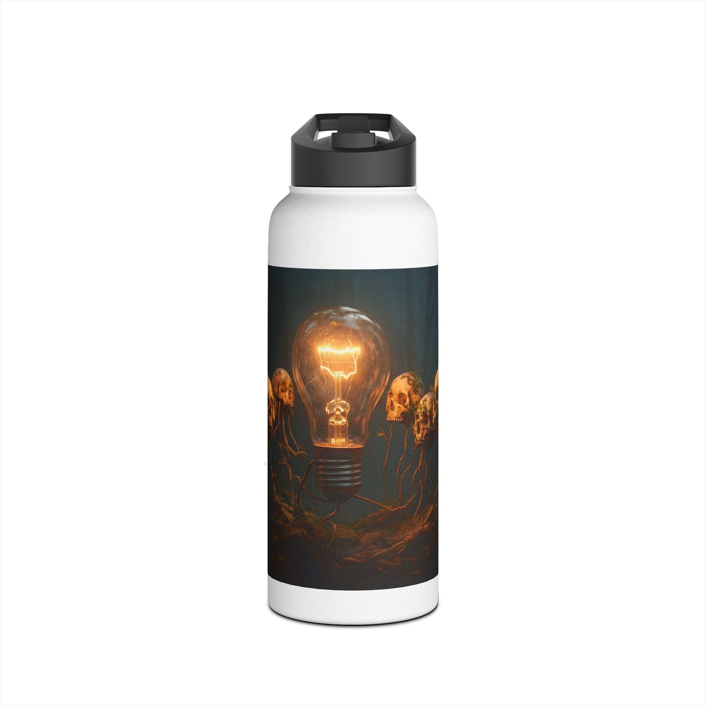 Glowing Lightbulb in Haunted Forest Stainless Steel Water Bottle, Standard Lid – Illuminated Wisdom Among the Ancient Bones