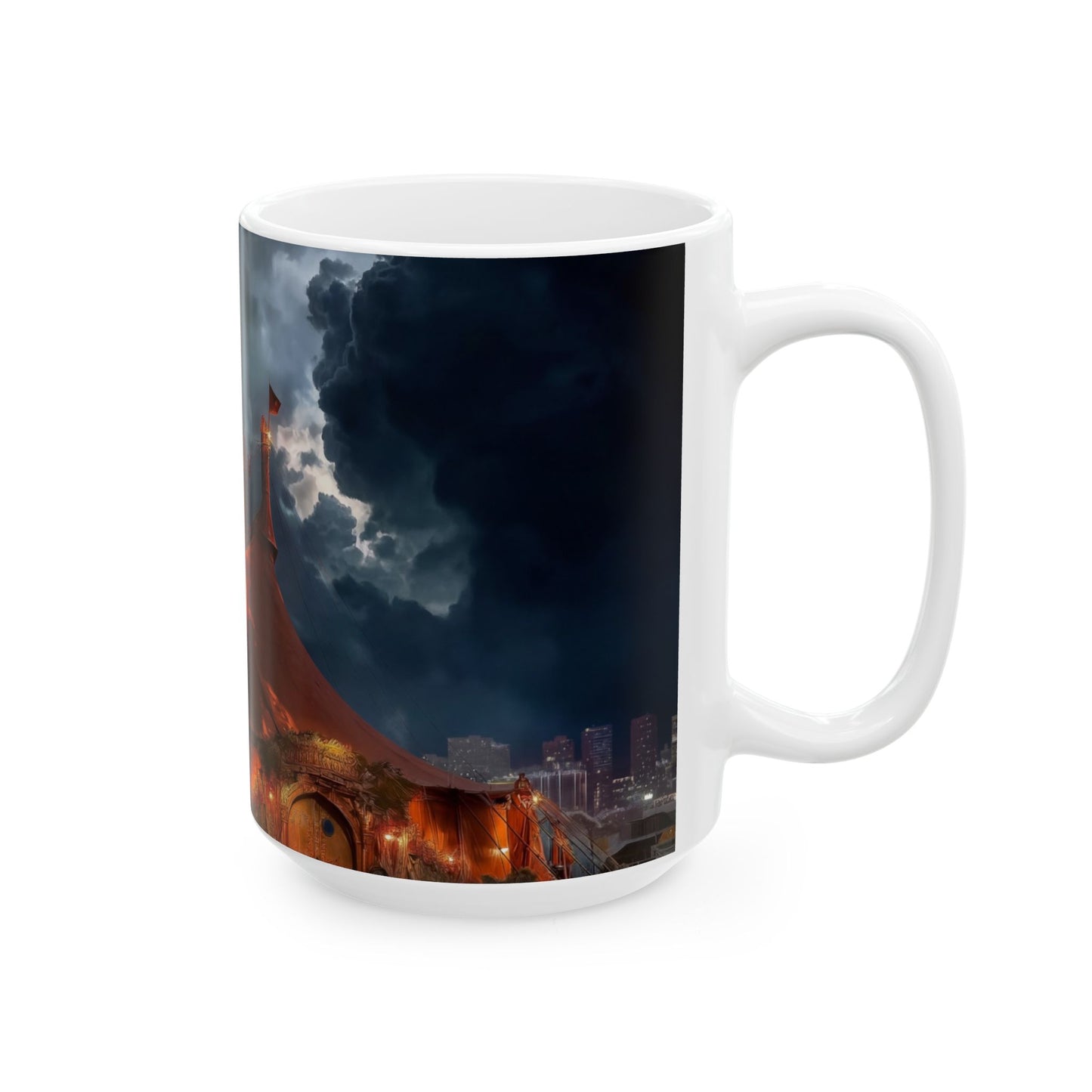 Crimson Circus Tent Ceramic Mug – Midnight Carnival Dreamscape