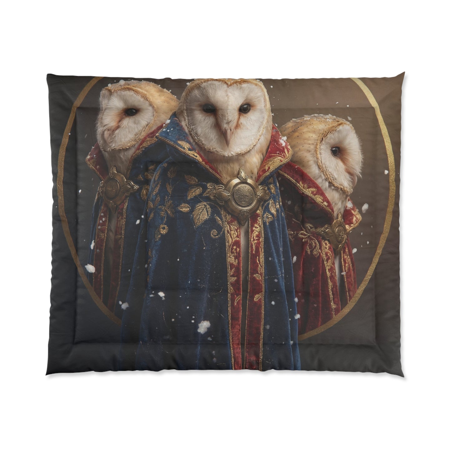 Three Owls in Velvet Robes Comforter – Snow-Kissed Sentinel Portrait
