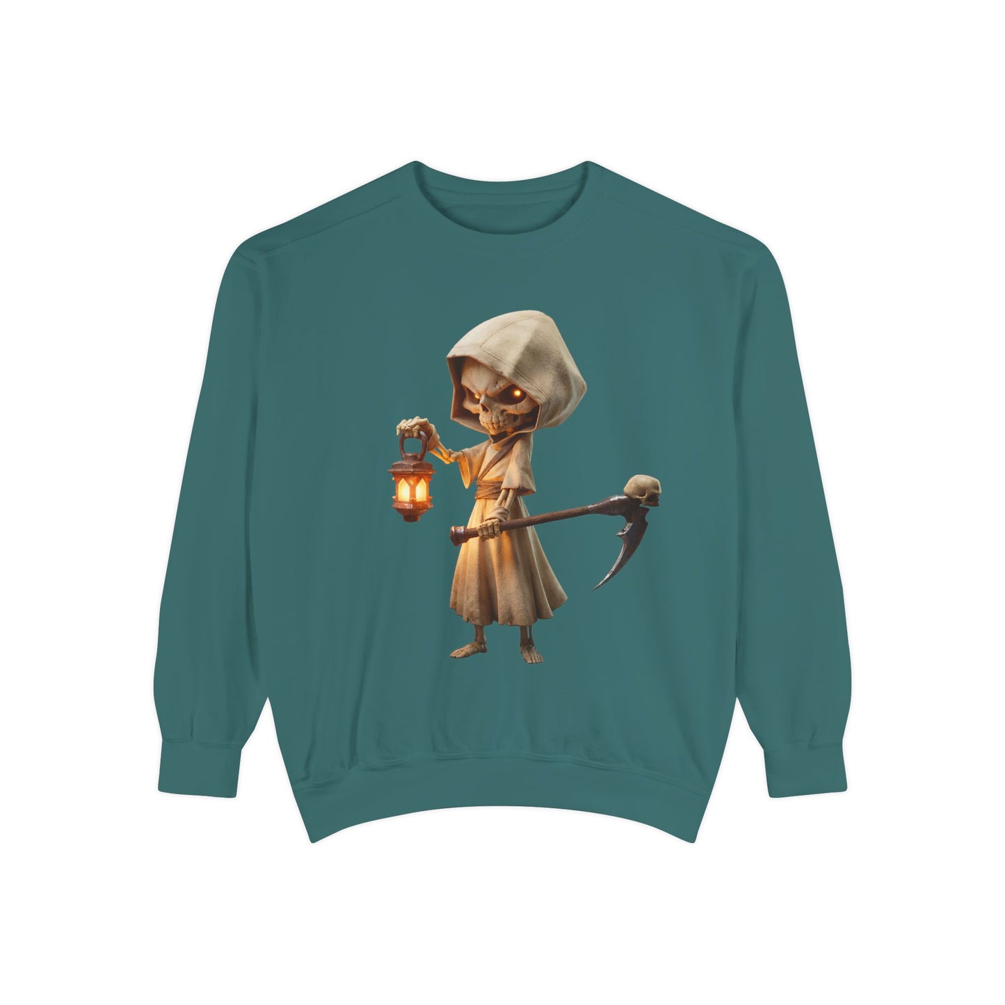 Hooded Lantern Grim Reaper Sweatshirt – Glowing Eyes and Scythe Guardian