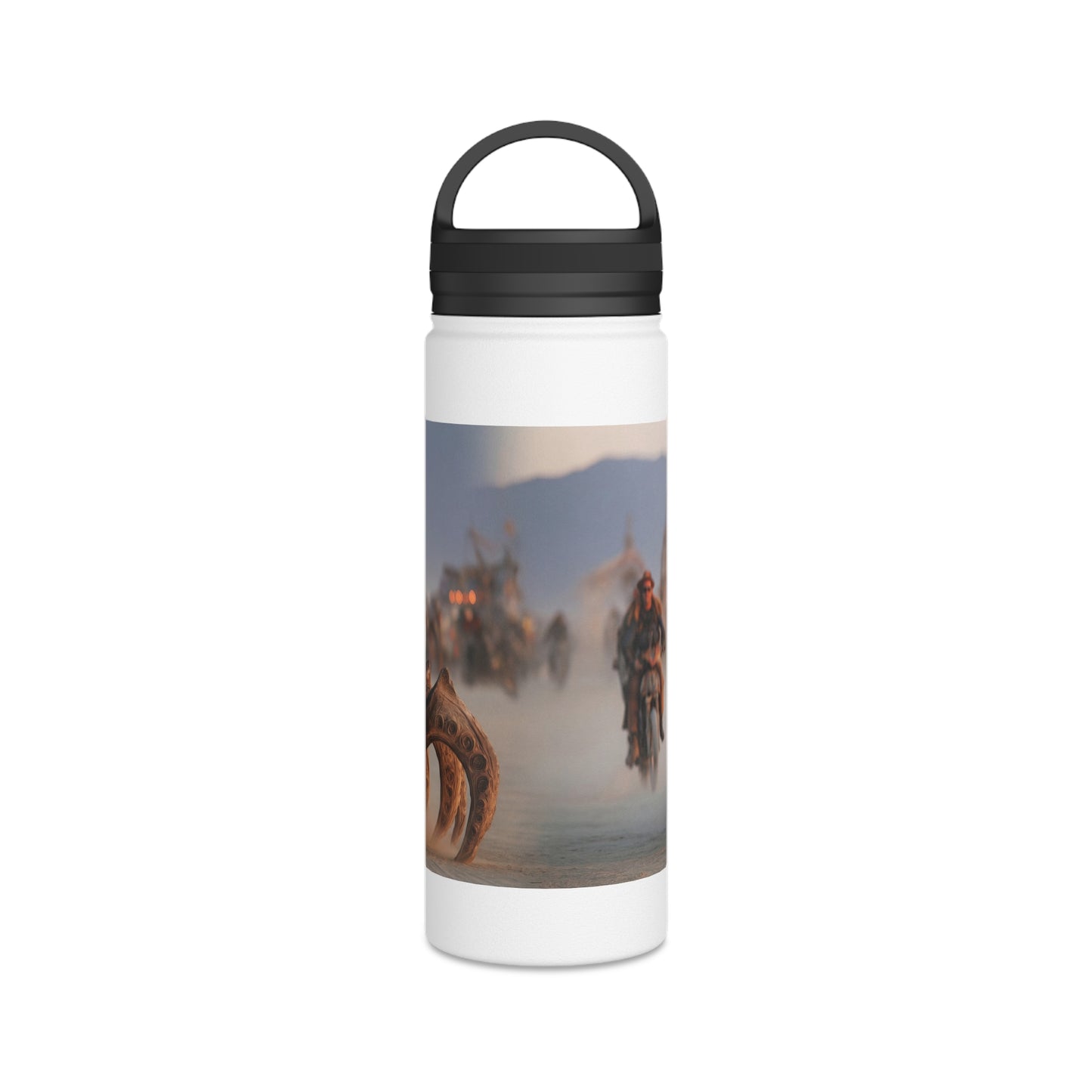 Desert Nomad Chariot Water Bottle – Handle Lid – Dust-Swirled Sunset Ride