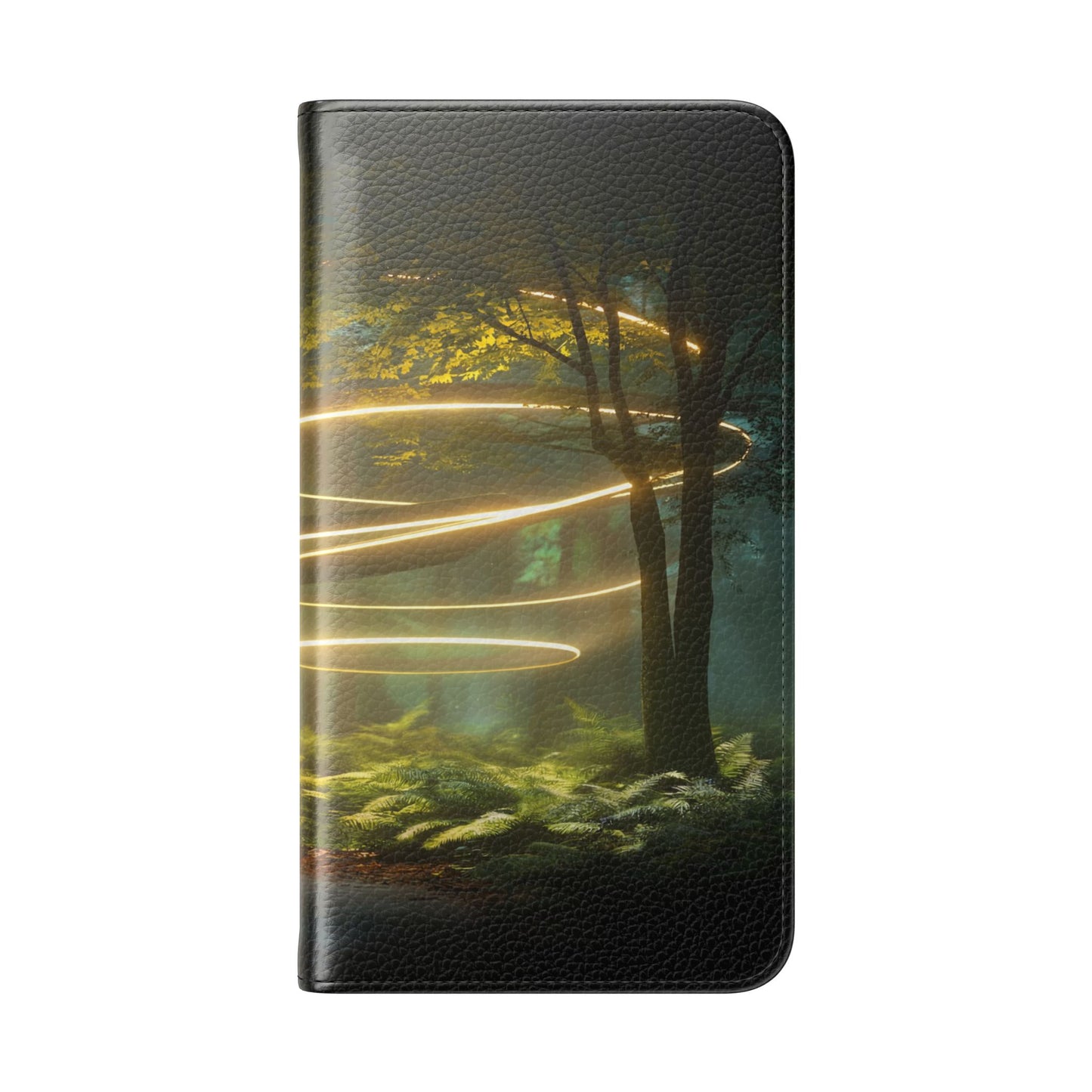 Luminous Spiral Forest Flip Cases – Golden Light Rings Mystery Scene
