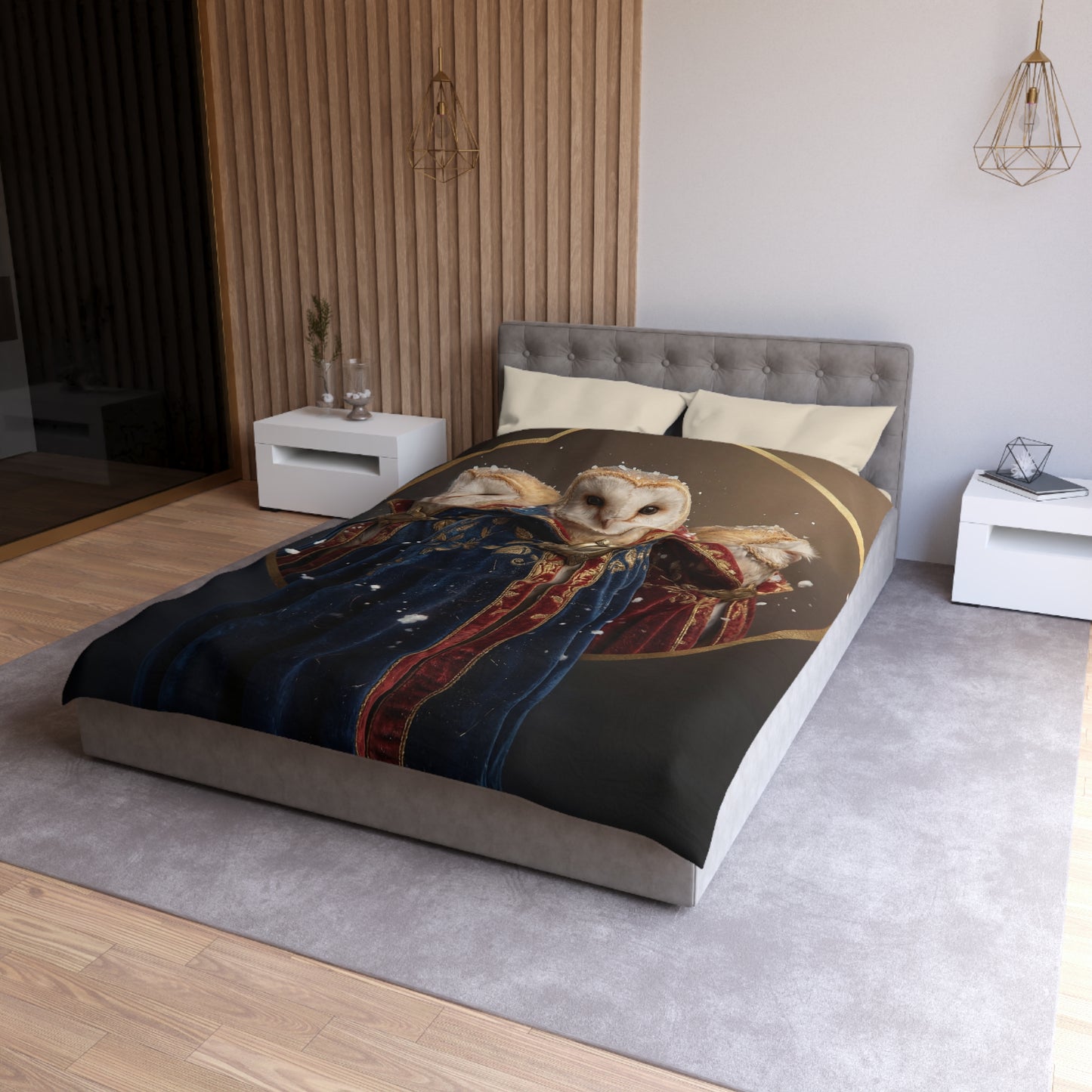 Three Owls in Velvet Cloak Duvet Cover – Winter Courtiers of the Snow