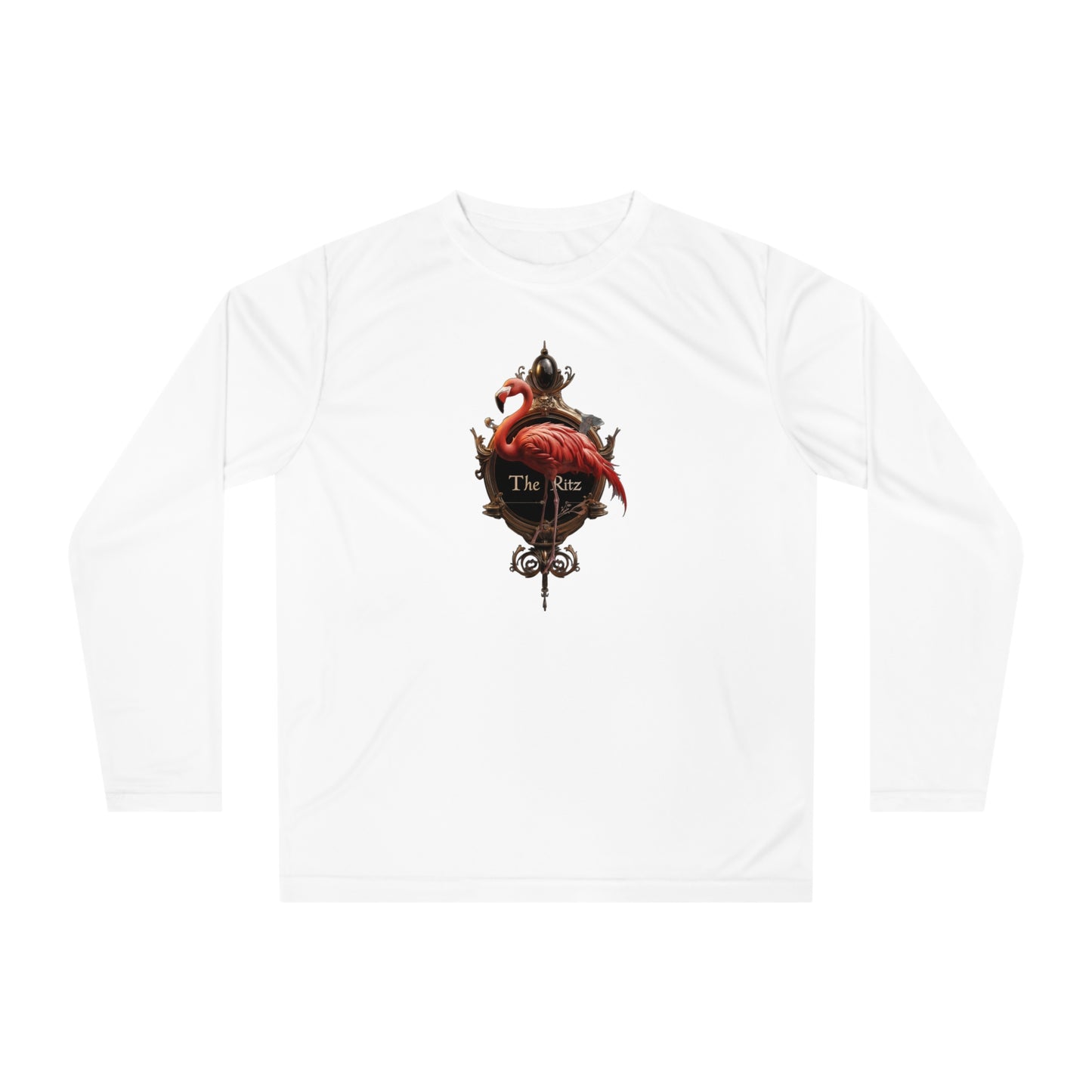 The Ritz Flamingo Unisex Performance Long Sleeve Shirt – Golden Frame Elegance