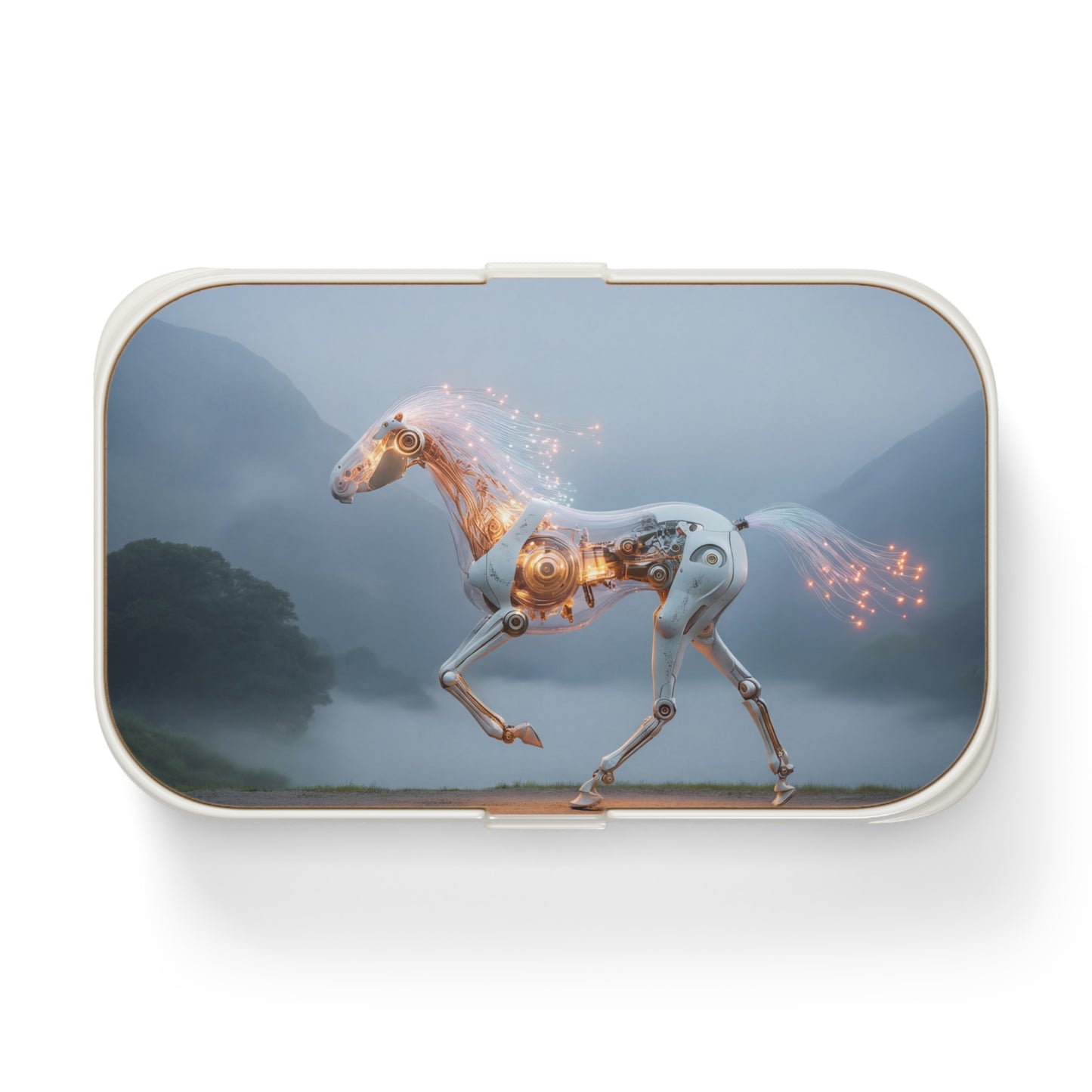Cybernetic Steed Bento Lunch Box – Glowing Circuitry in Misty Mountains