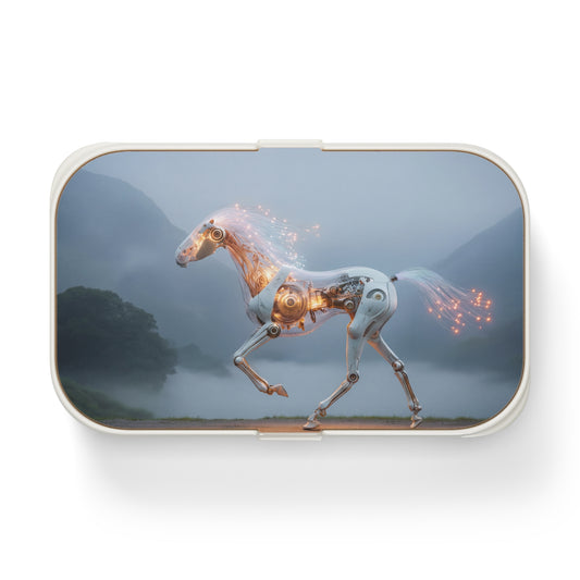 Cybernetic Steed Bento Lunch Box – Glowing Circuitry in Misty Mountains