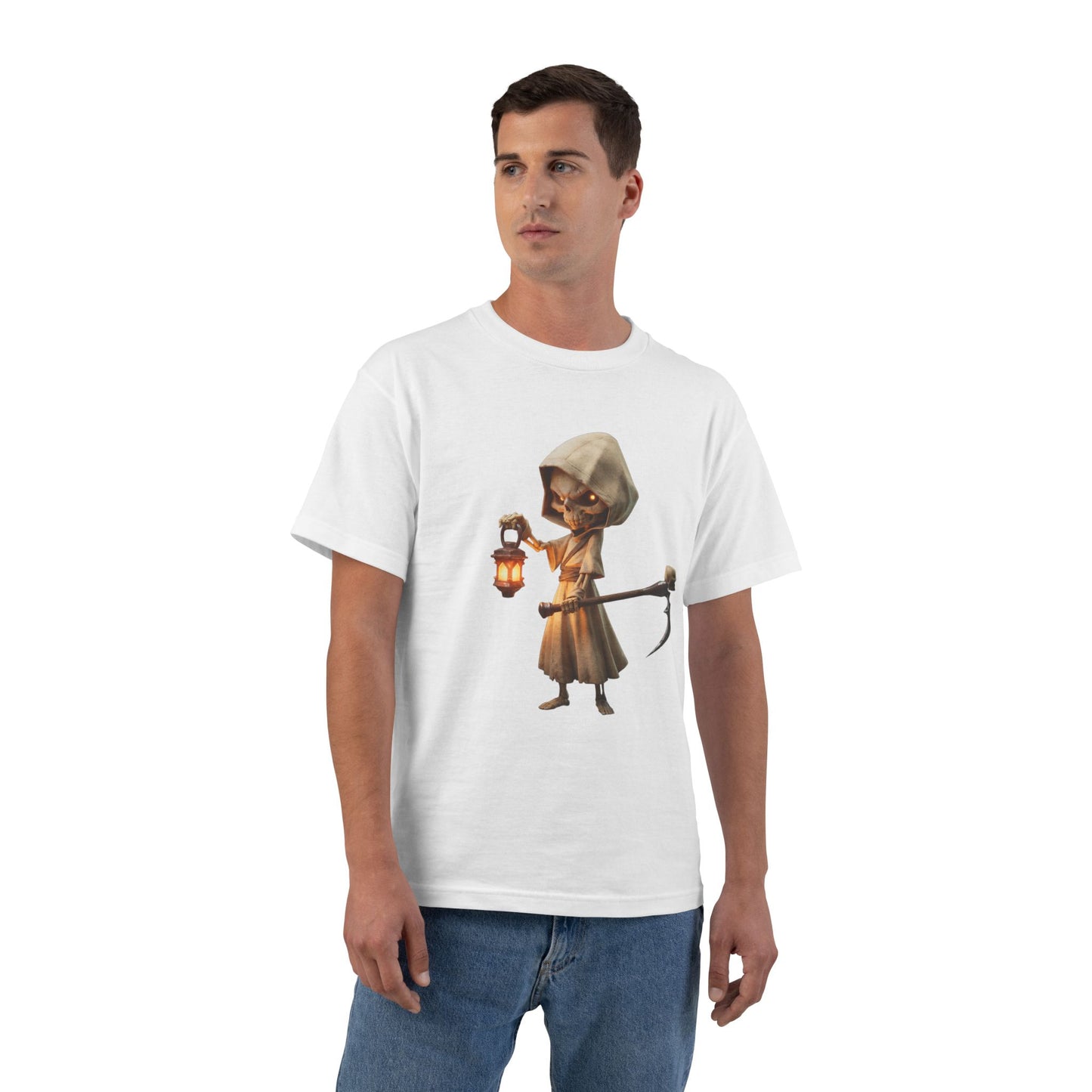 Lantern-Bearing Grim Reaper Short-Sleeve T-Shirt – Hooded Sentinel with Scythe
