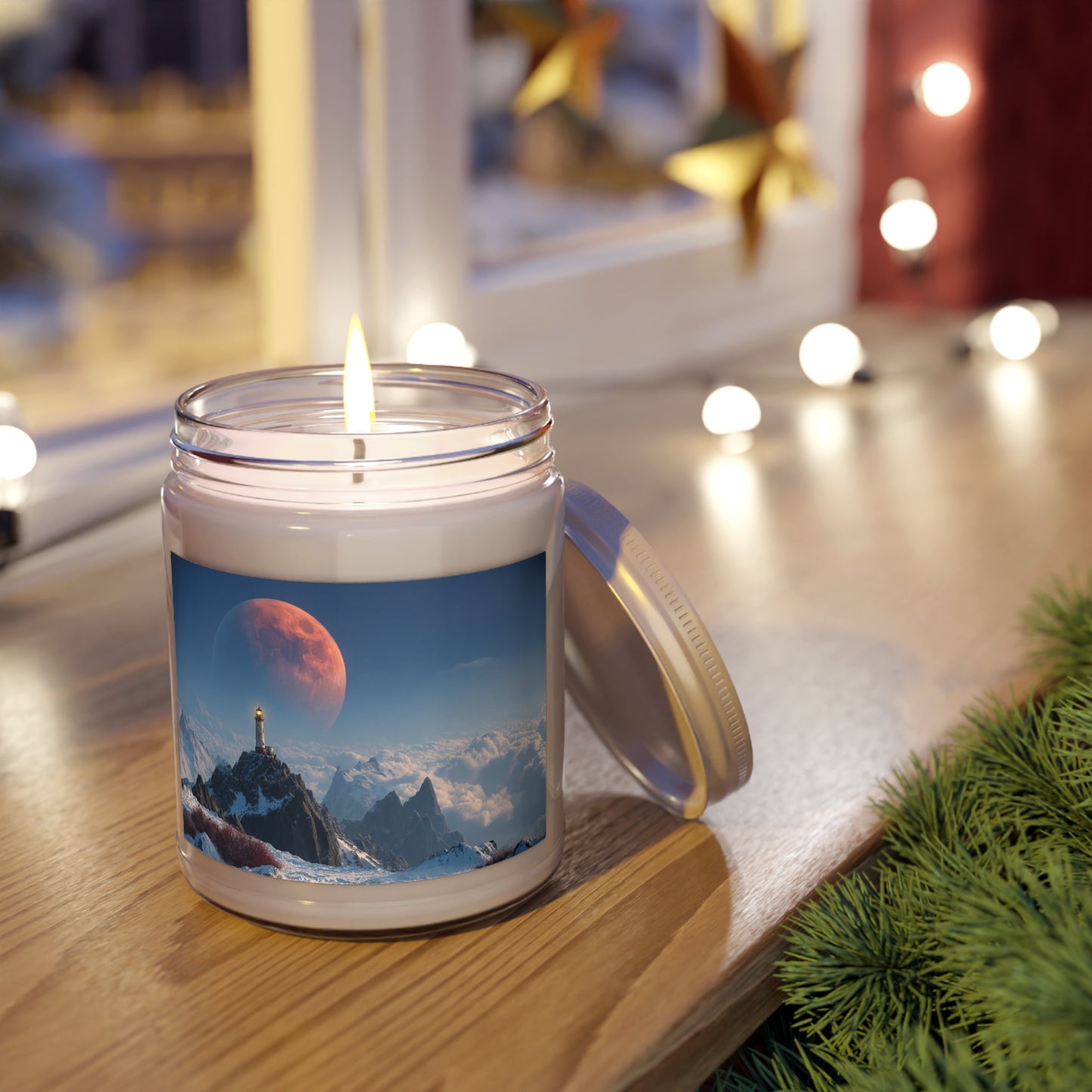 Lighthouse on Snow-Capped Peak Scented Soy Candles with White Lid, 9oz – Crimson Moonlit Beacon