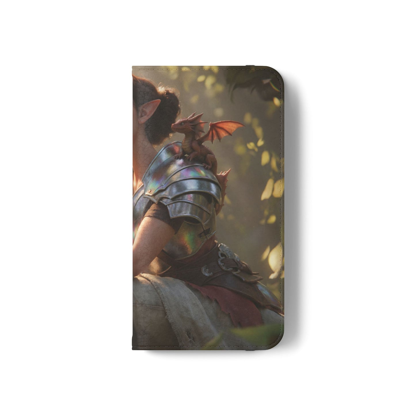 Elven Knight with Dragon Flip Cases – Iridescent Armor & Tiny Guardian Portrait