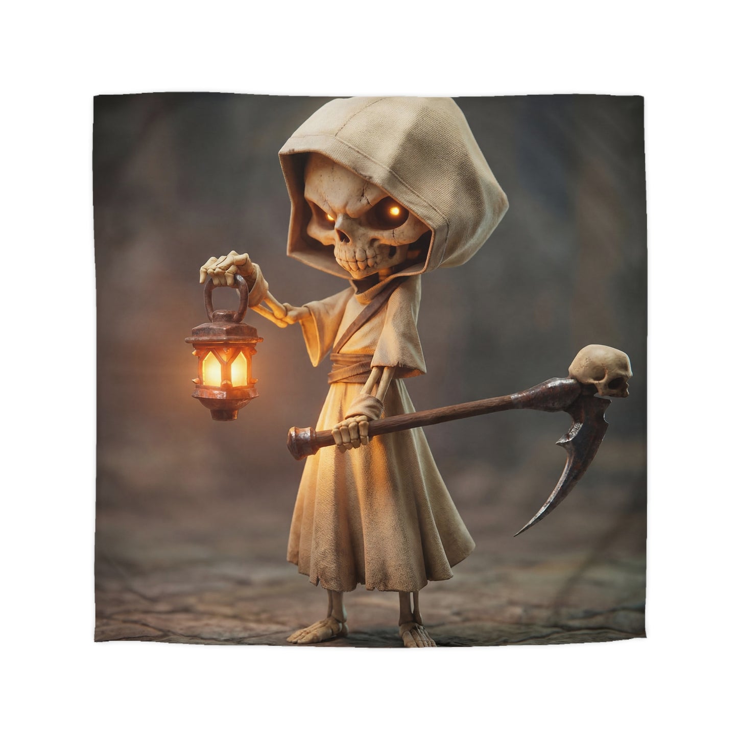 Lantern-Bearing Reaper Microfiber Duvet Cover – Warm Light Through the Veil