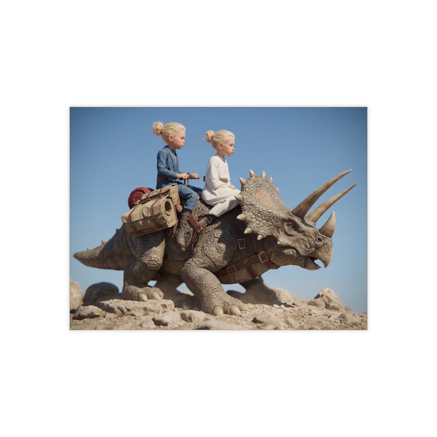 Twin Adventurers on Triceratops Ceramic Photo Tile – Dusty Desert Ride Under Clear Skies