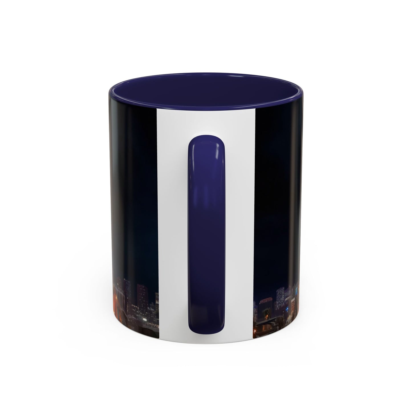 Crimson Circus Tent Accent Coffee Mug (11, 15oz) – Neon Nightscape Under Thunderclouds