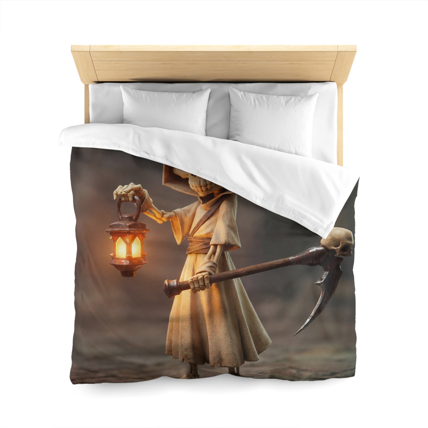 Lantern-Bearing Reaper Microfiber Duvet Cover – Warm Glow Through Twilight Shadows