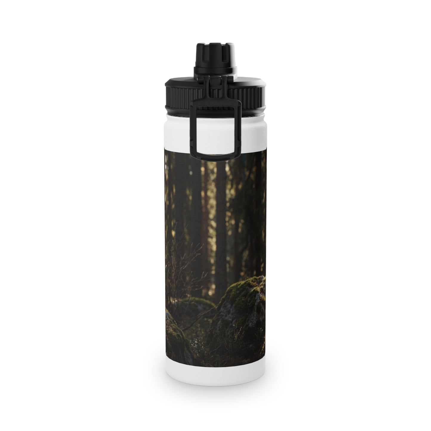 Dragon Wolf in the Sunlit Woods Stainless Steel Water Bottle, Sports Lid – Guardian of the Mossy Glade