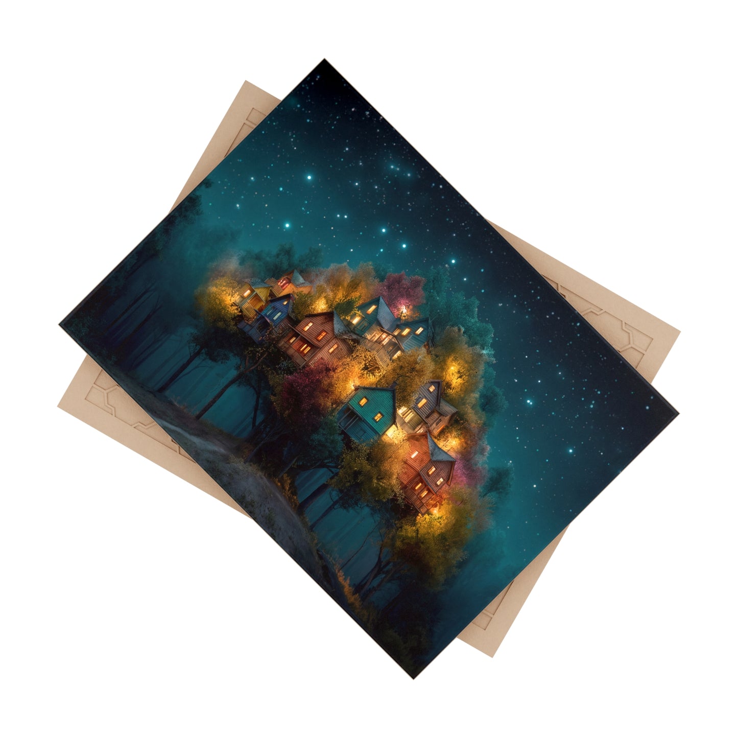 Starlit Hillside Village Ceramic Photo Tile – Warm Lights in the Twilight Woods