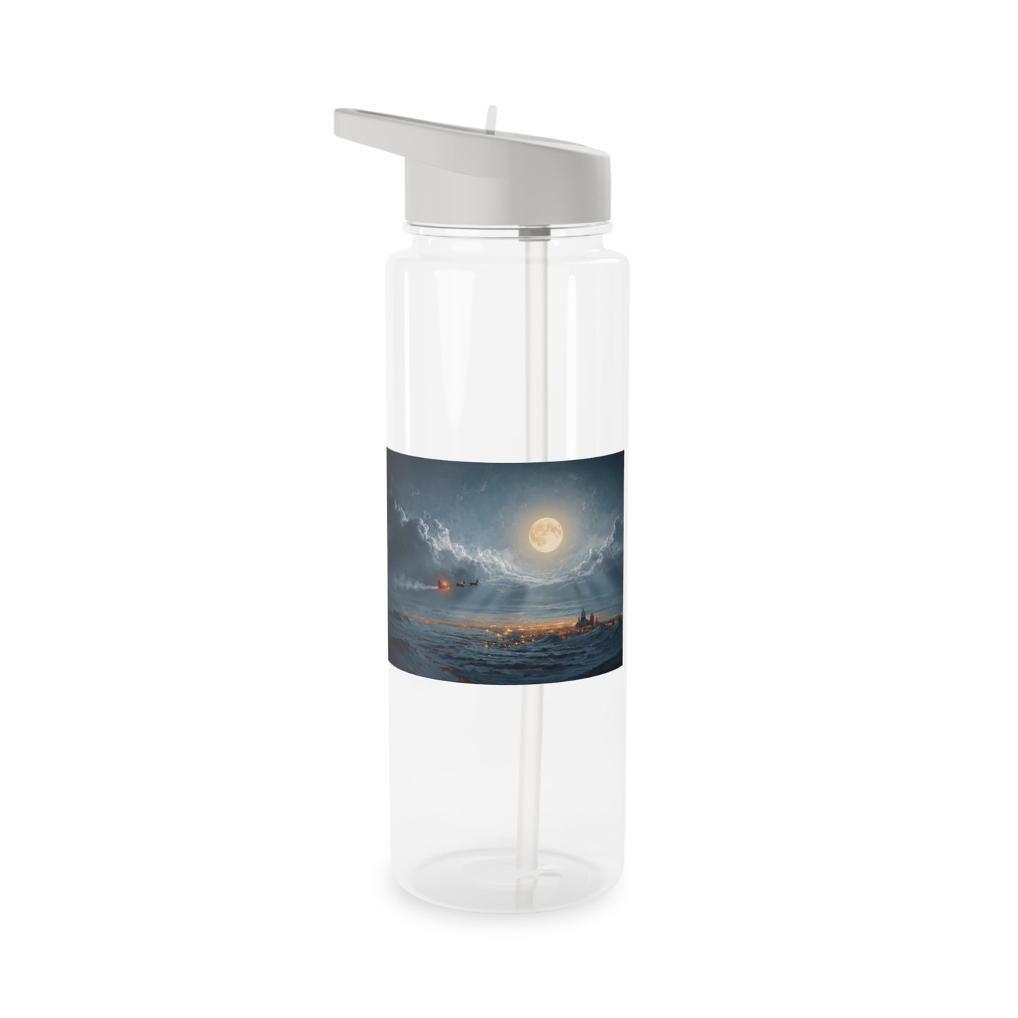 Moonlit Sleigh Ride Tritan Water Bottle – Frosty Cityscape Under Giant Moon
