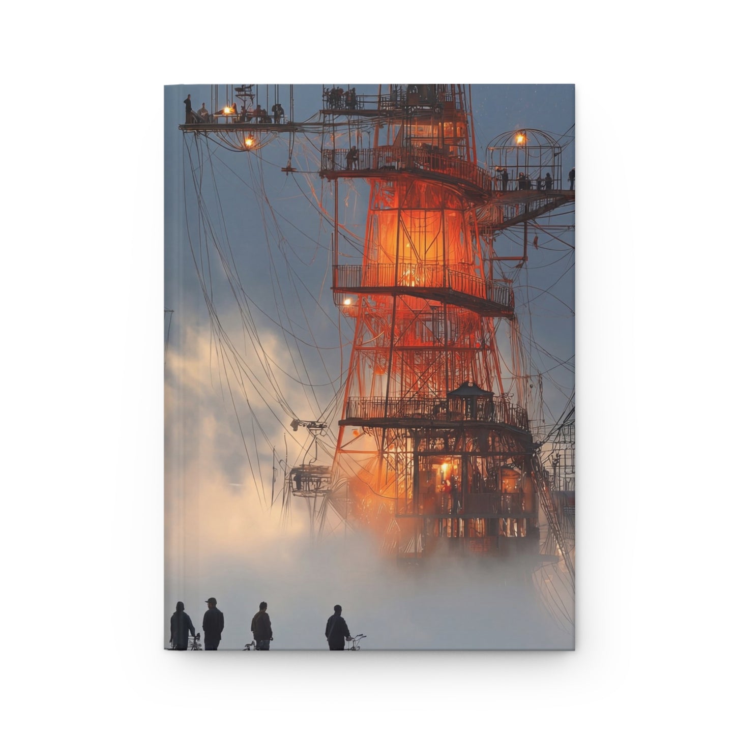 Burning Man Steel Cathedral Journal Matte – Neon Glow Amidst the Fog