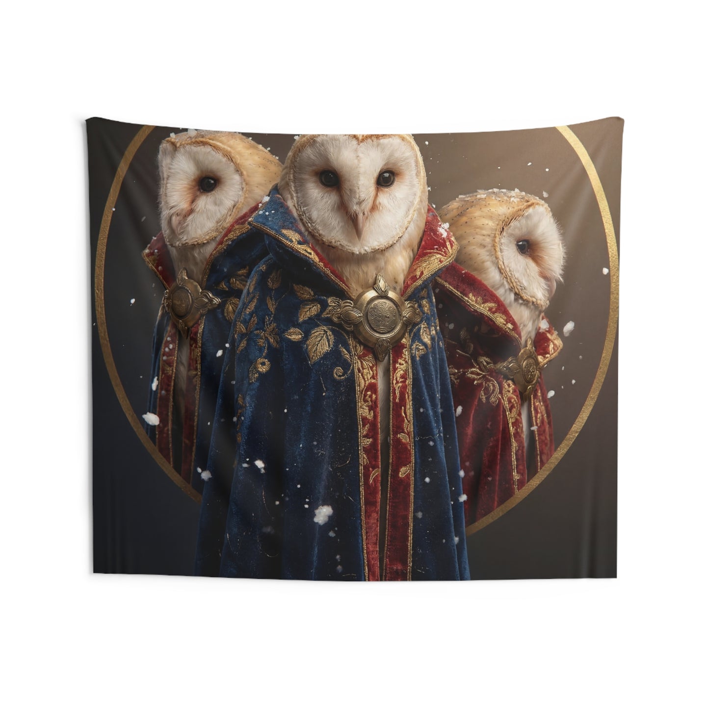Three Owls in Velvet Robes Indoor Wall Tapestries – Winter Courtly Guardians