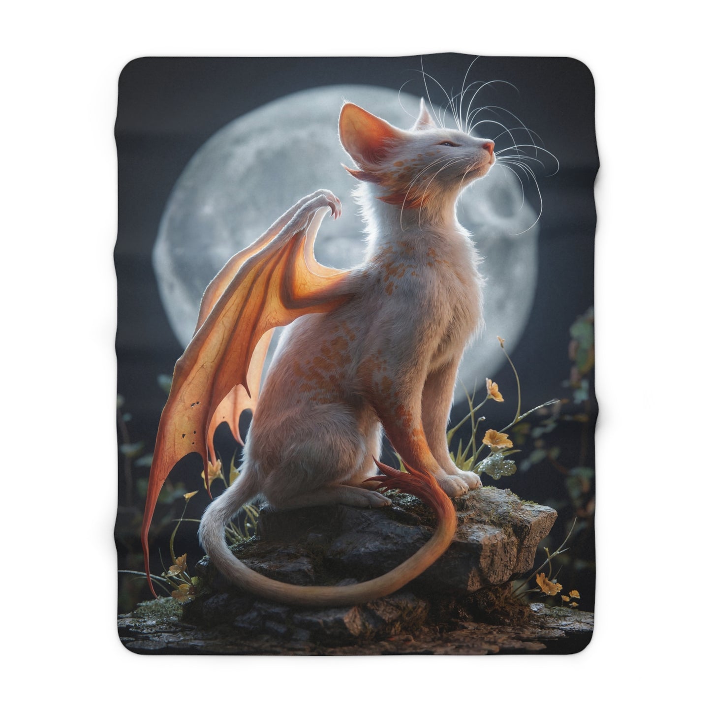 Moonlit Dragon Cat Sherpa Fleece Blanket – Crescent Guardian Dreamscape