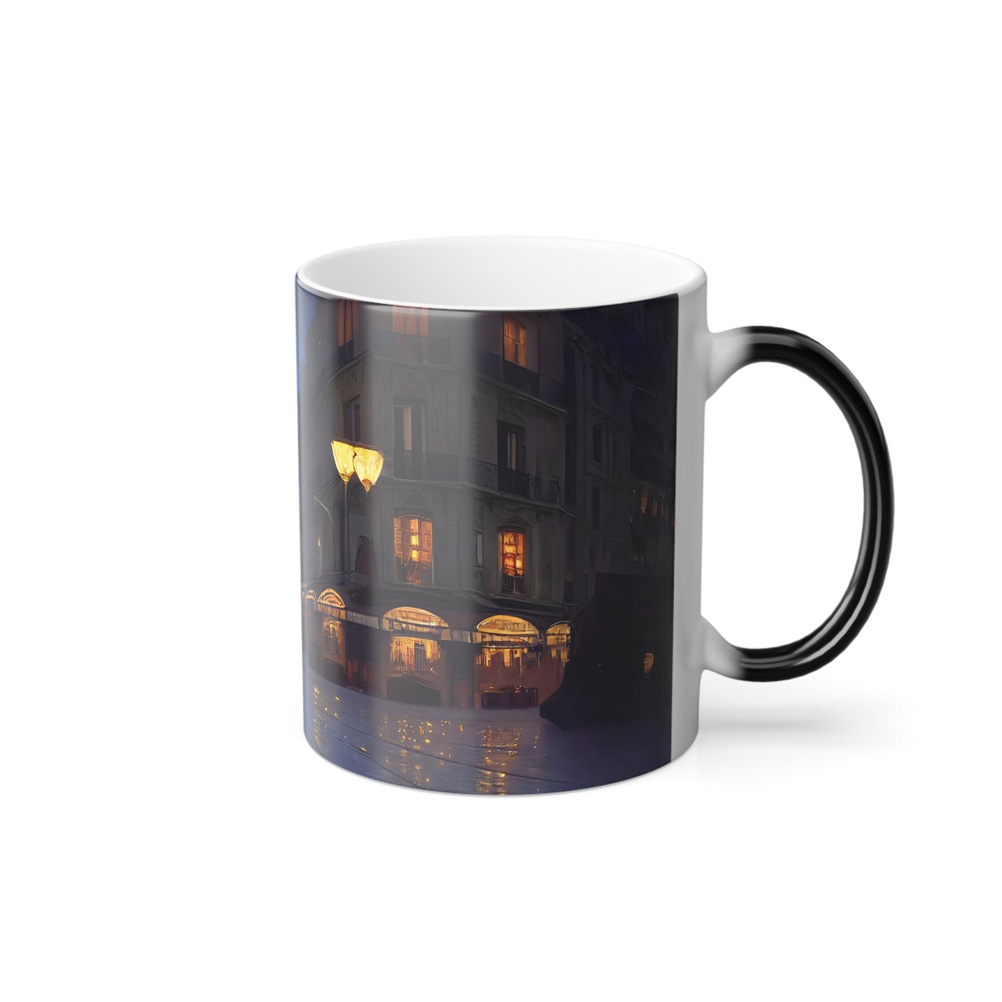 Streets of Paris at night, winter, Glowing lights, moon and stars, Dramatic lighting, Epic composition, Wide angle, by alphonse mucha, maxfield parrish - Color Morphing Mug, 11oz