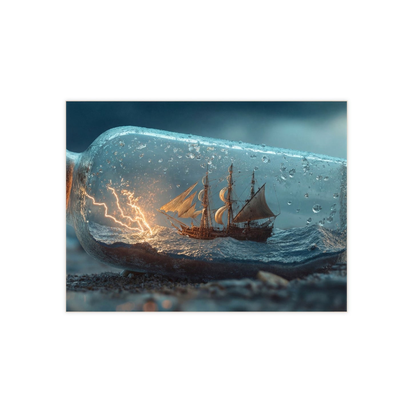 Storm-Ship in Bottle Ceramic Photo Tile – Captured Gale on a Pebbled Shore