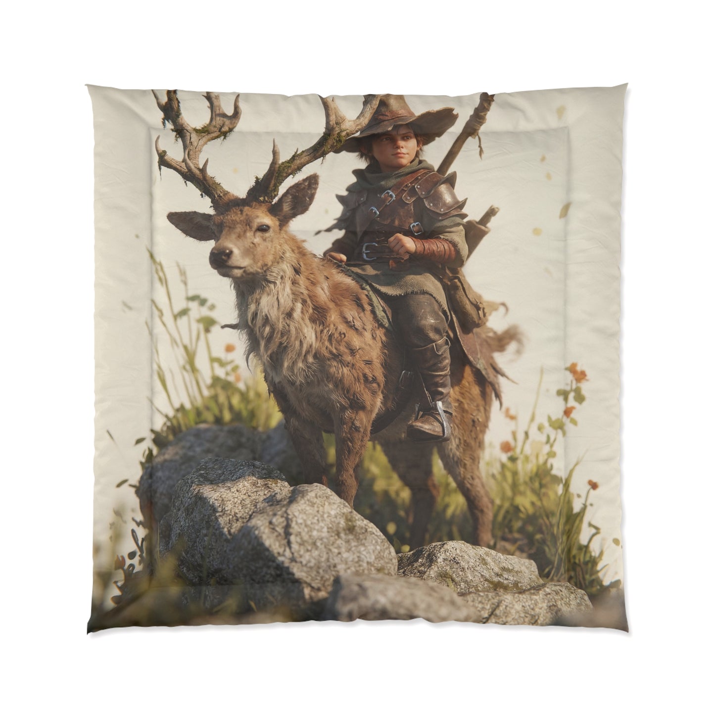Boy on Stag Comforter – Sunlit Ridge Guardian