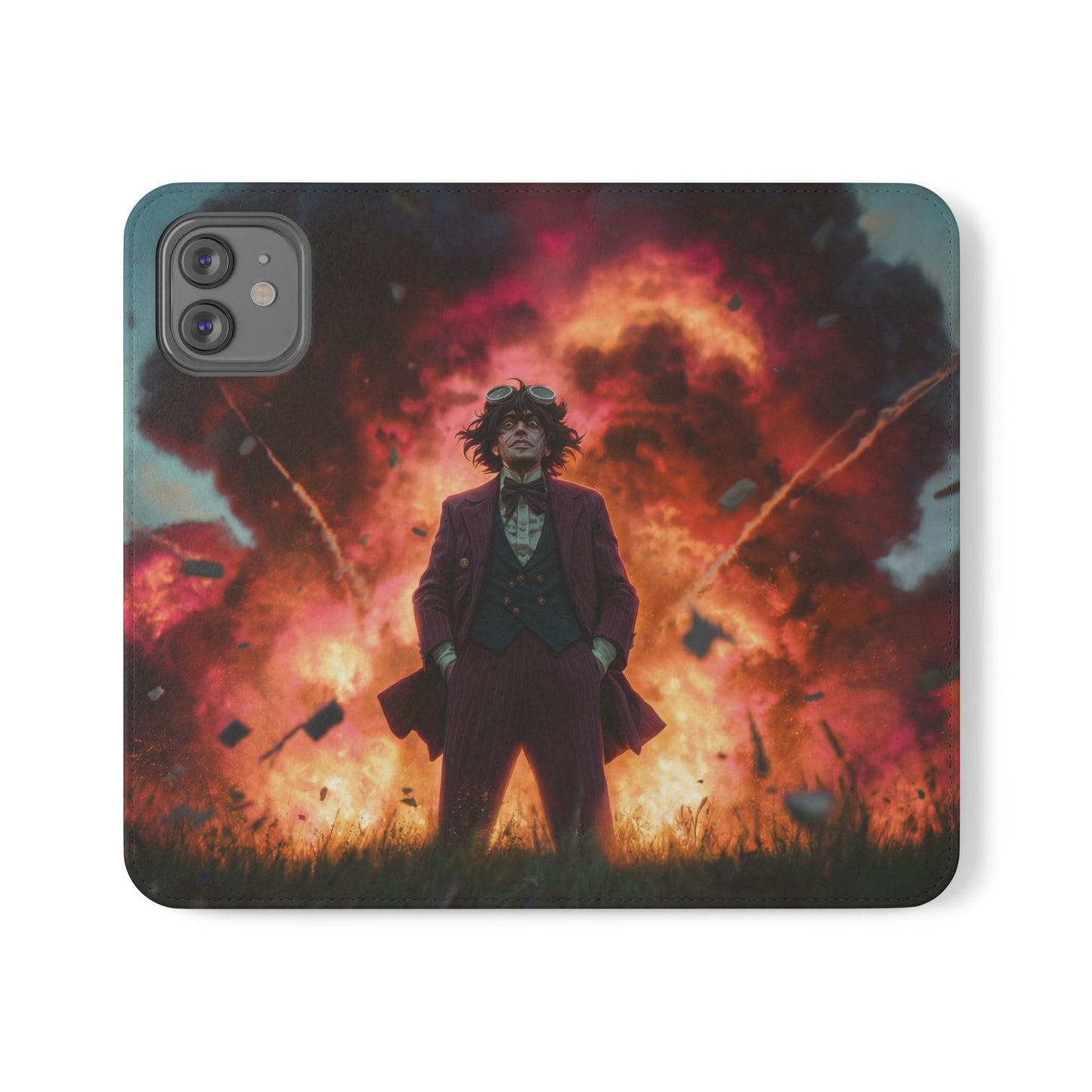 Goggles & Chaos Flip Cases – Purple Suit Amidst Fiery Explosion