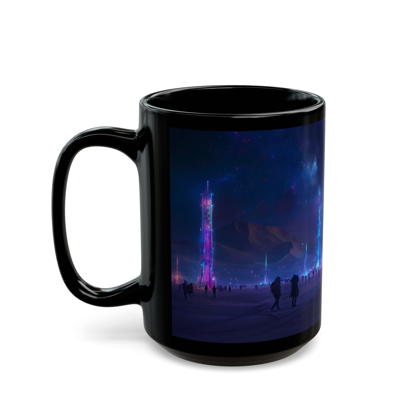 Cosmic Spire Sanctuary Black Mug – Neon Nebula Dreamscape