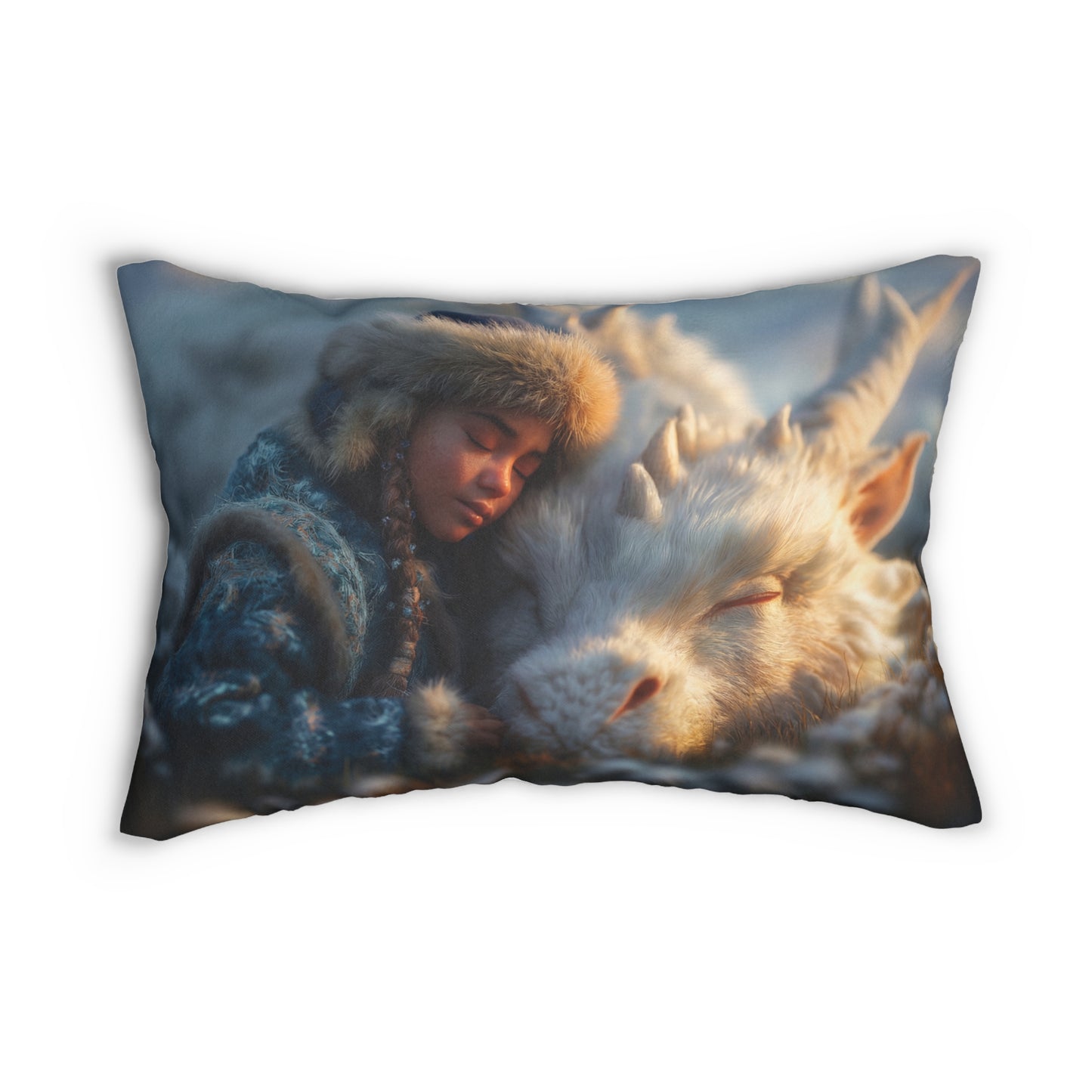 Winter Guardian Lumbar Pillow – Snow-Whispered Dragon and Child Rest