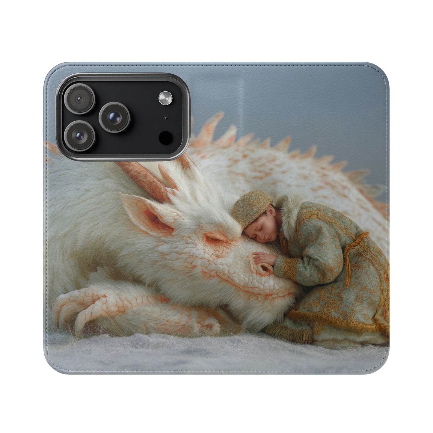 Sleeping Child and Dragon Flip Cases – Snowy Guardian Embrace