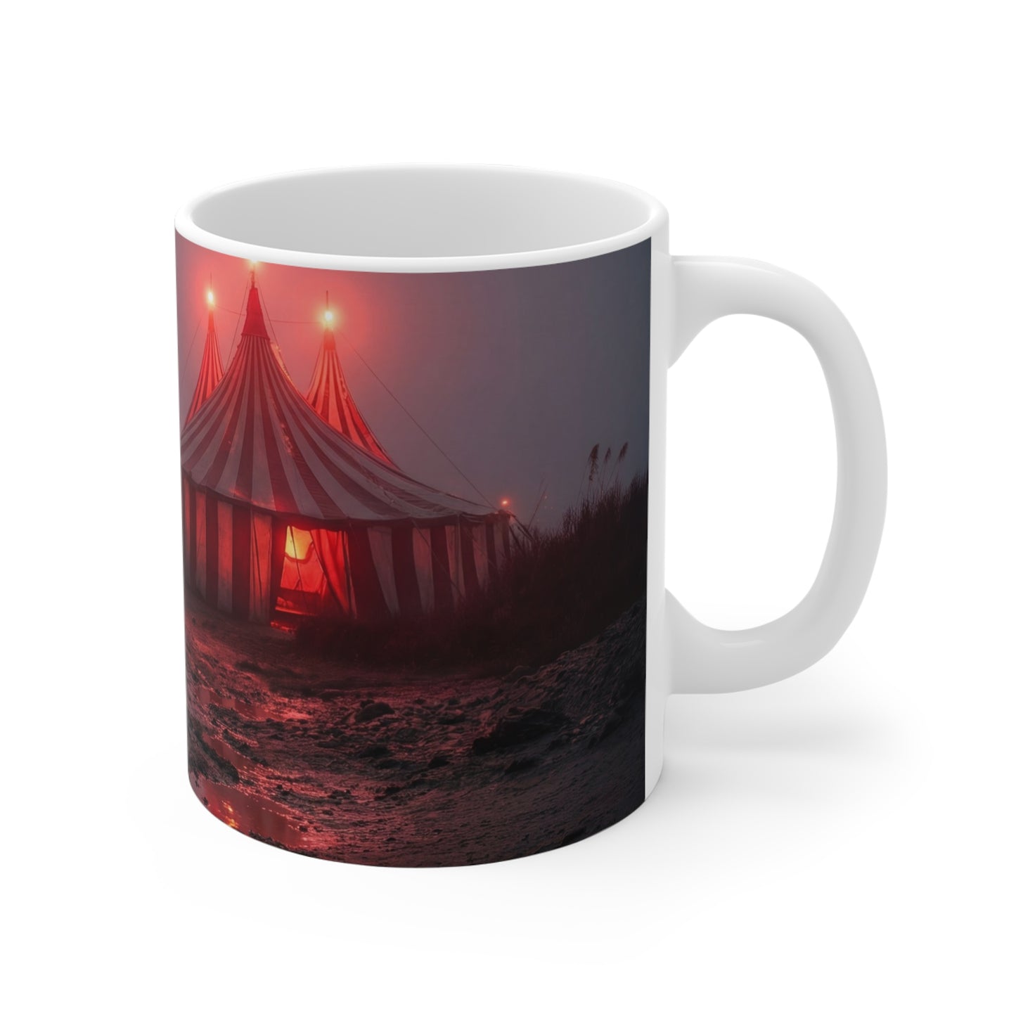 Crimson Circus Tent Ceramic Mugs (11oz\15oz\20oz) – Fogbound Wonder at Dusk
