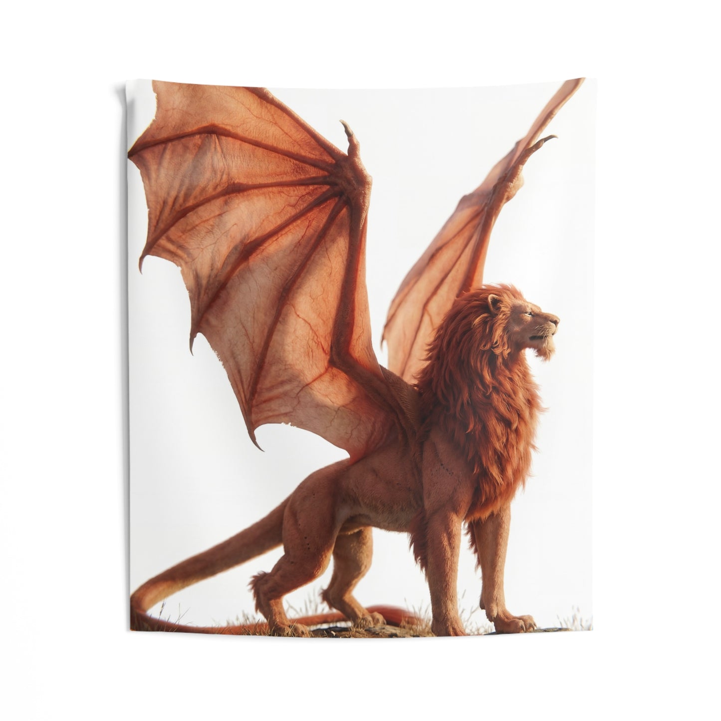 Winged Lion Sentinel Indoor Wall Tapestries – Sunset Guardian on Sunlit Peak