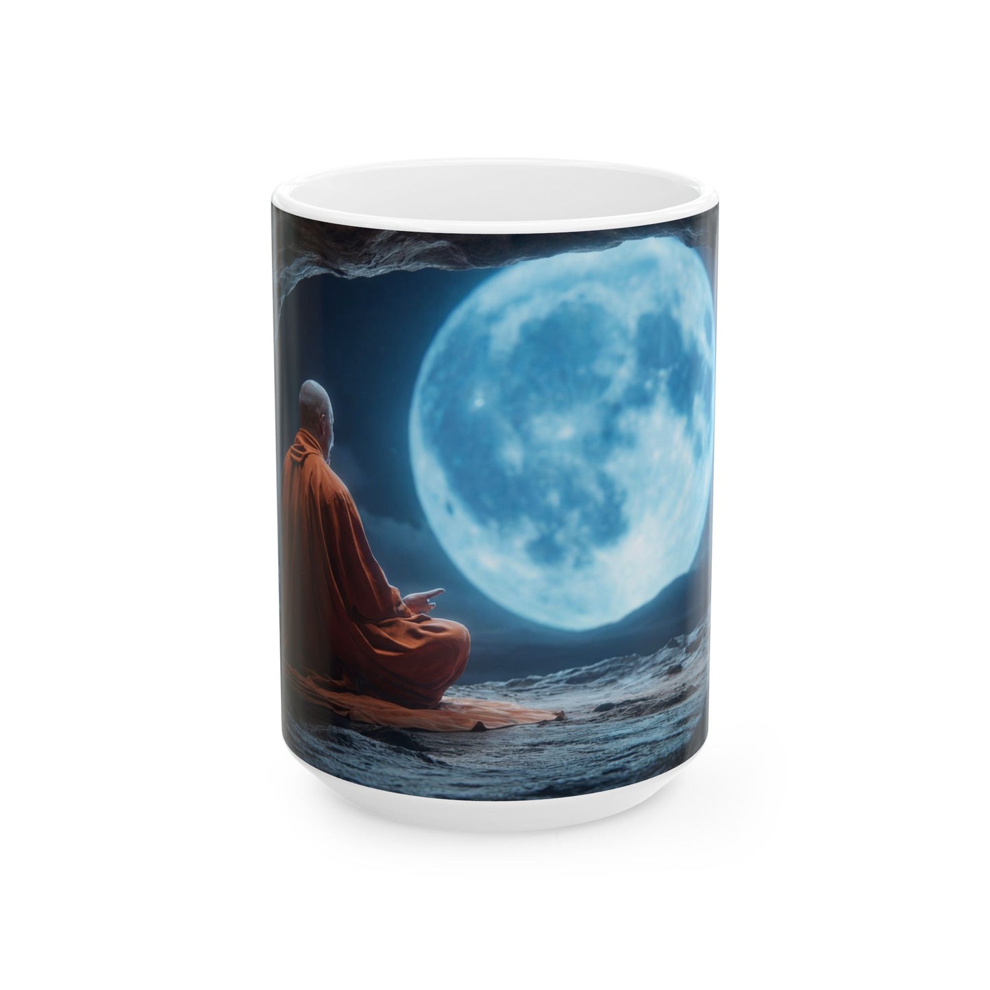 Moonlit Monk Meditation Mug – Tranquil Cave Reflections