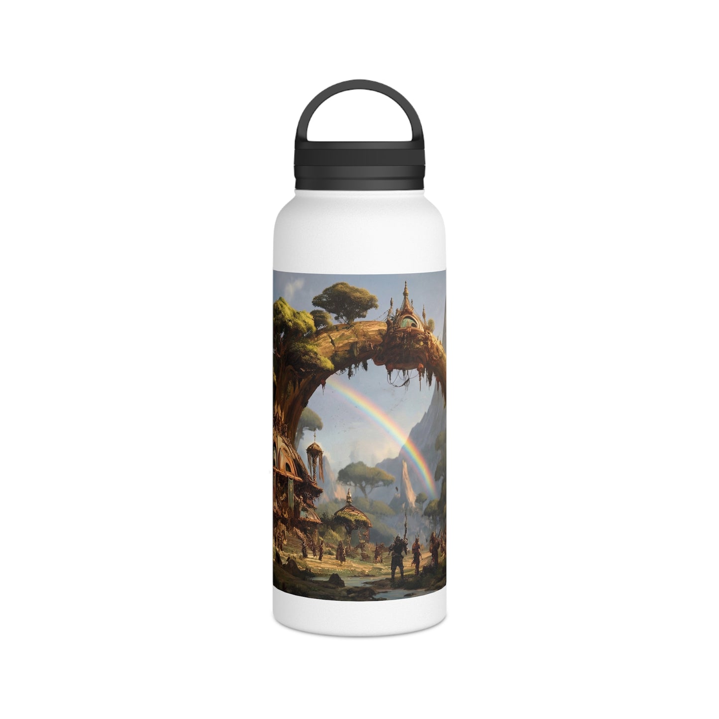 Arcane Grove Gateway Water Bottle – Handle Lid – Twin Rainbows Over Ancient Tree Citadel