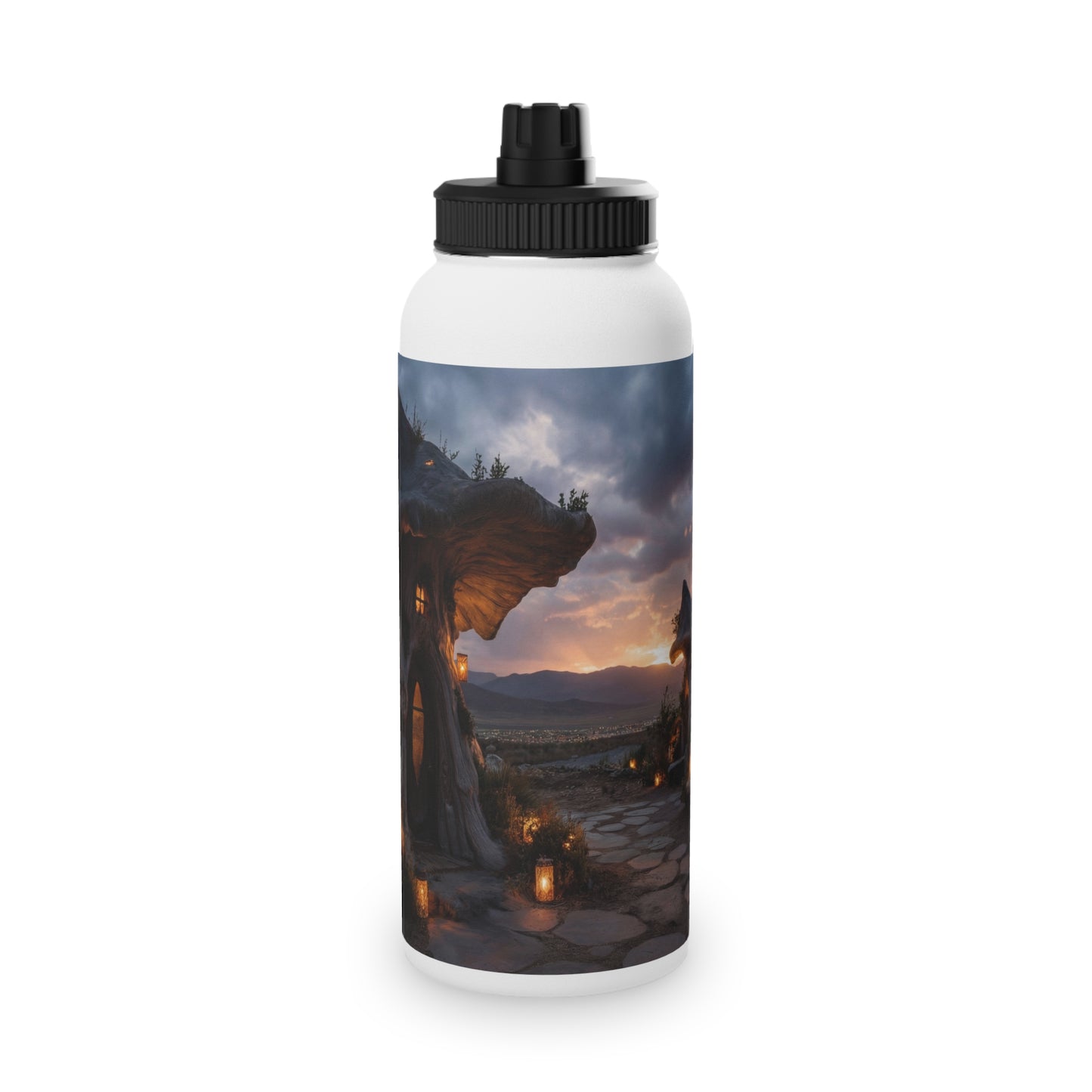 Mushroom Grove Retreat Stainless Steel Water Bottle, Sports Lid – Twilight Fairy Home Dreamscape