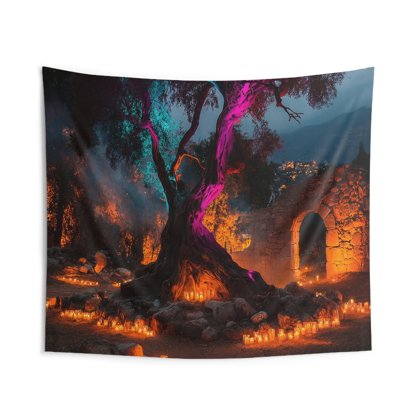 Ancient Grove Candlelight Tapestry – Mystical Tree Sanctuary at Dusk