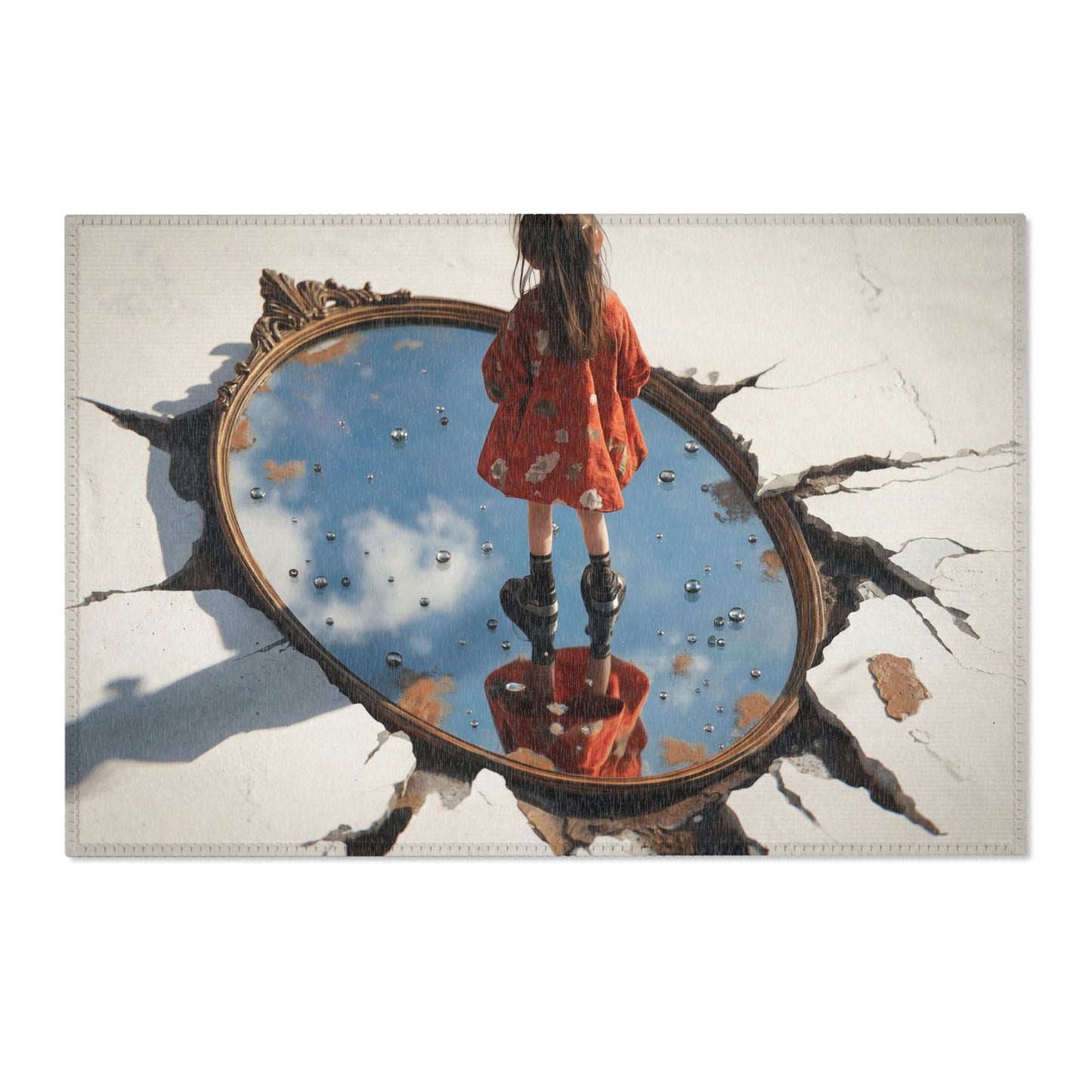 Girl Standing in Mirror Rug – Sunlit Sky Reflection