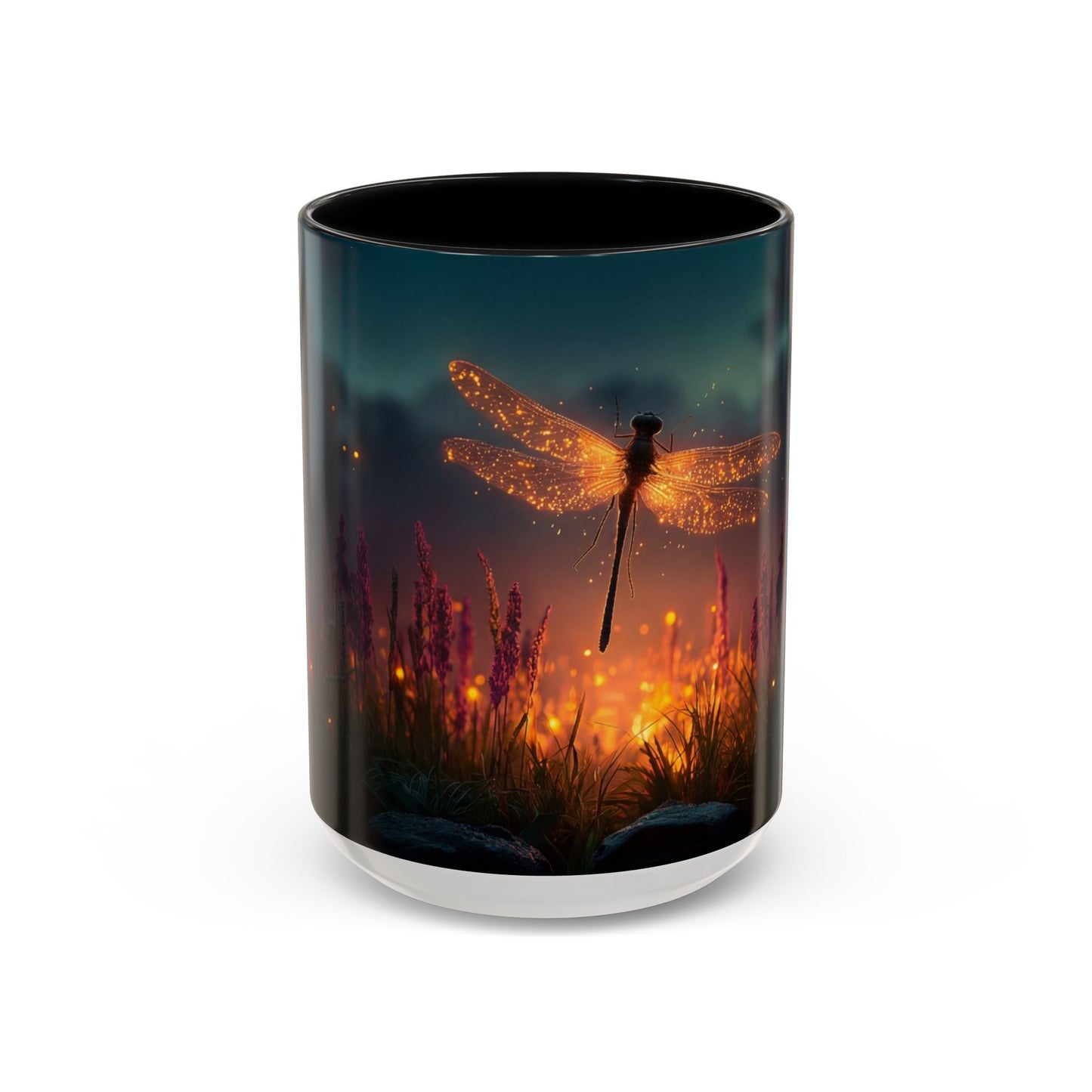 Firefly Dragonfly Accent Coffee Mug (11, 15oz) – Twilight Luminescence Over Meadow