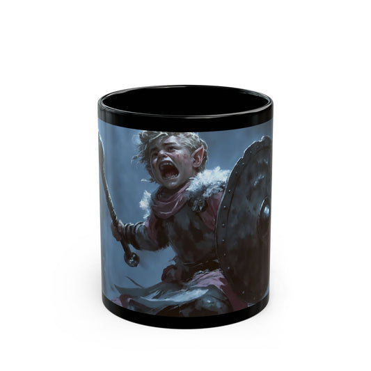 Tiny Warrior with Lightning Axe Black Mug – Cry of the Frostbound Champion